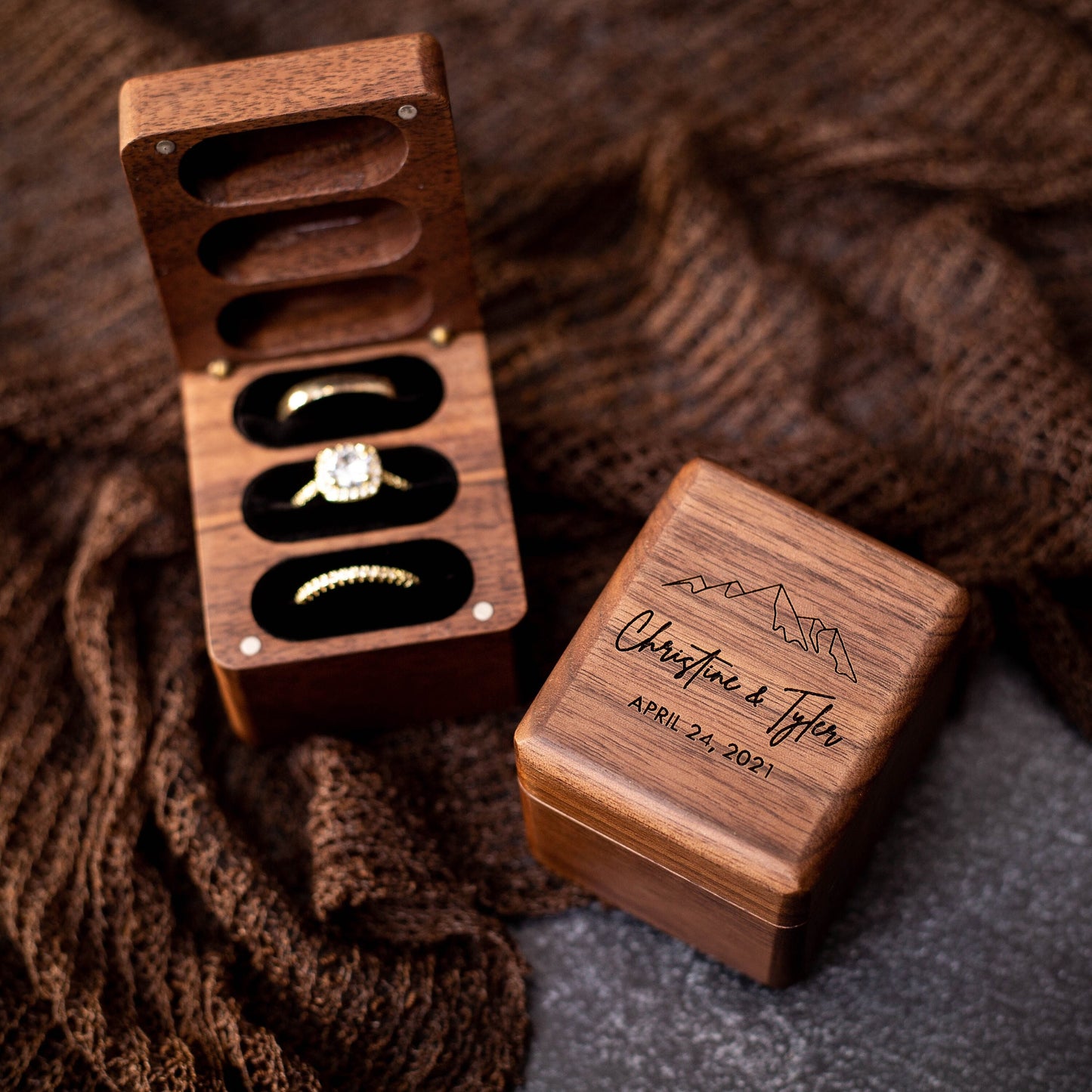 Triple Flip Wood Ring Box - Engraved Ring Box for 3 Rings, Wedding Ceremony Ring Bearer Box, Engagement Ring Storage, Unique Gift for Her