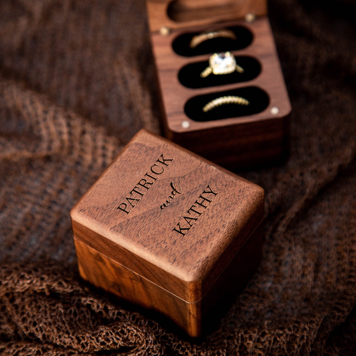 Triple Flip Wood Ring Box - Engraved Ring Box for 3 Rings, Wedding Ceremony Ring Bearer Box, Engagement Ring Storage, Unique Gift for Her