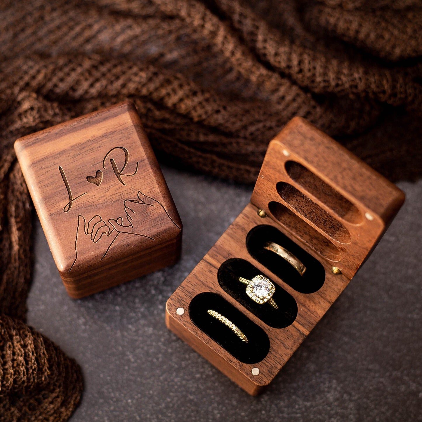 Triple Flip Wood Ring Box - Engraved Ring Box for 3 Rings, Wedding Ceremony Ring Bearer Box, Engagement Ring Storage, Unique Gift for Her