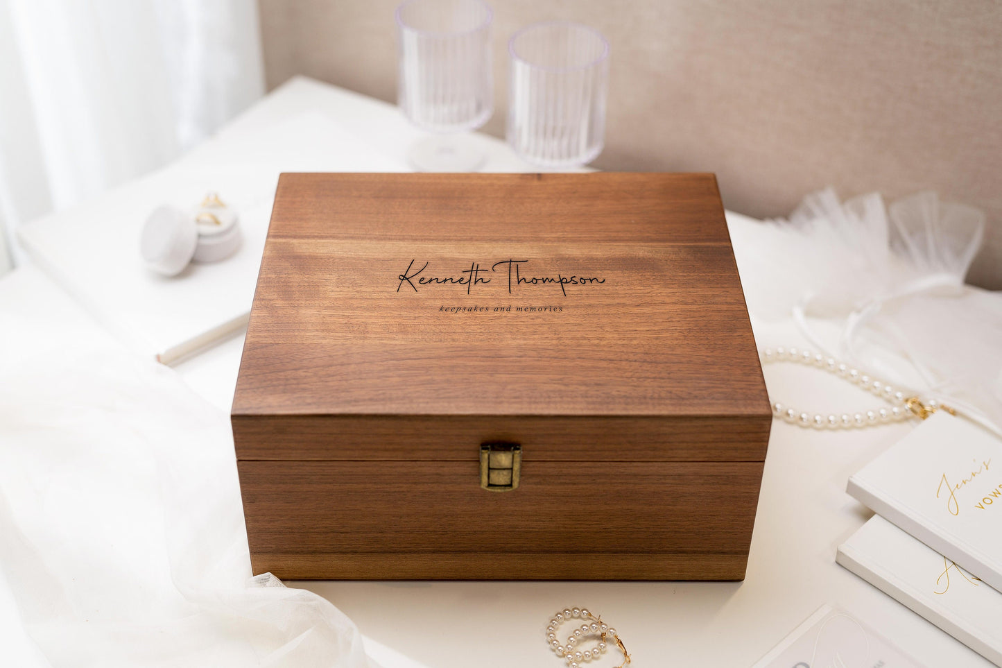 Wood Storage Box w/ Hinge Lid (D6) - Engraved Keepsake Memory Box for Photos Cards, Retirement College Commemorative Graduation BFF Gifts