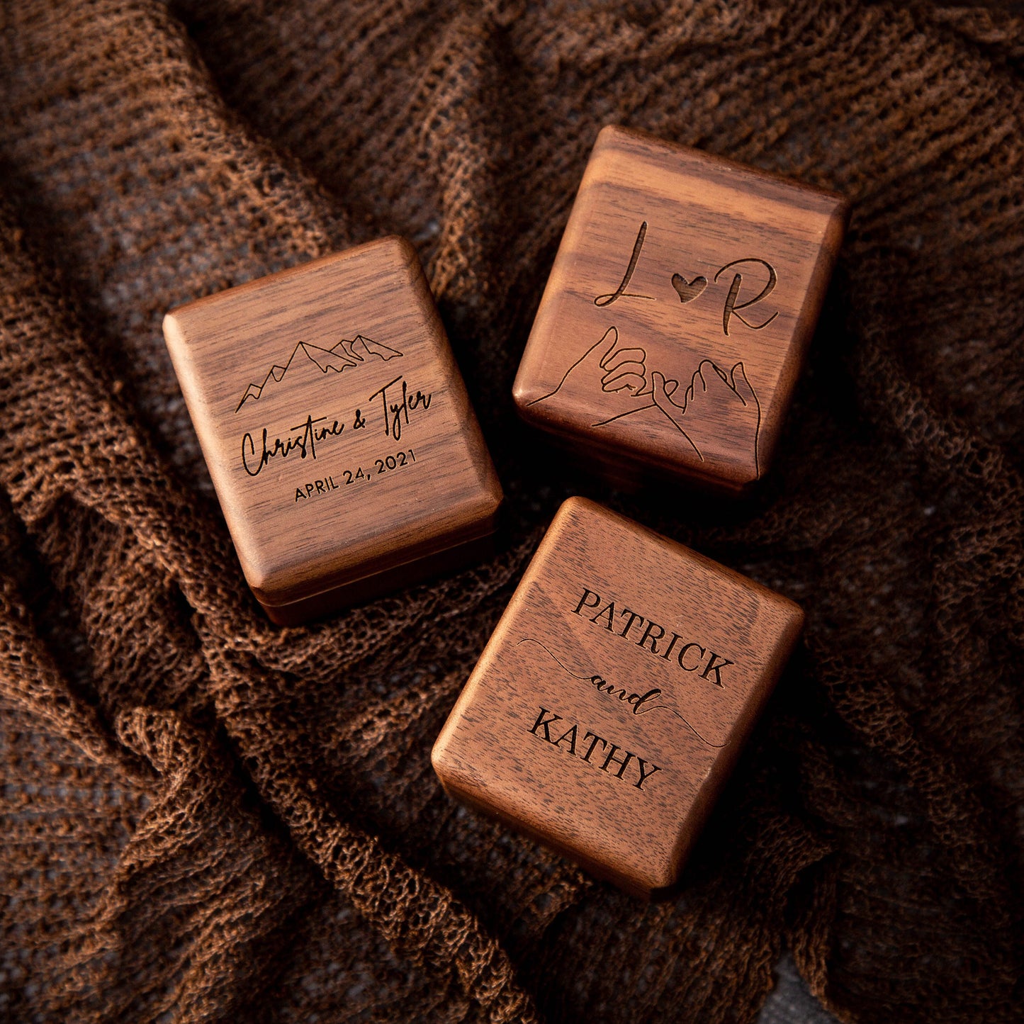 Triple Flip Wood Ring Box - Engraved Ring Box for 3 Rings, Wedding Ceremony Ring Bearer Box, Engagement Ring Storage, Unique Gift for Her