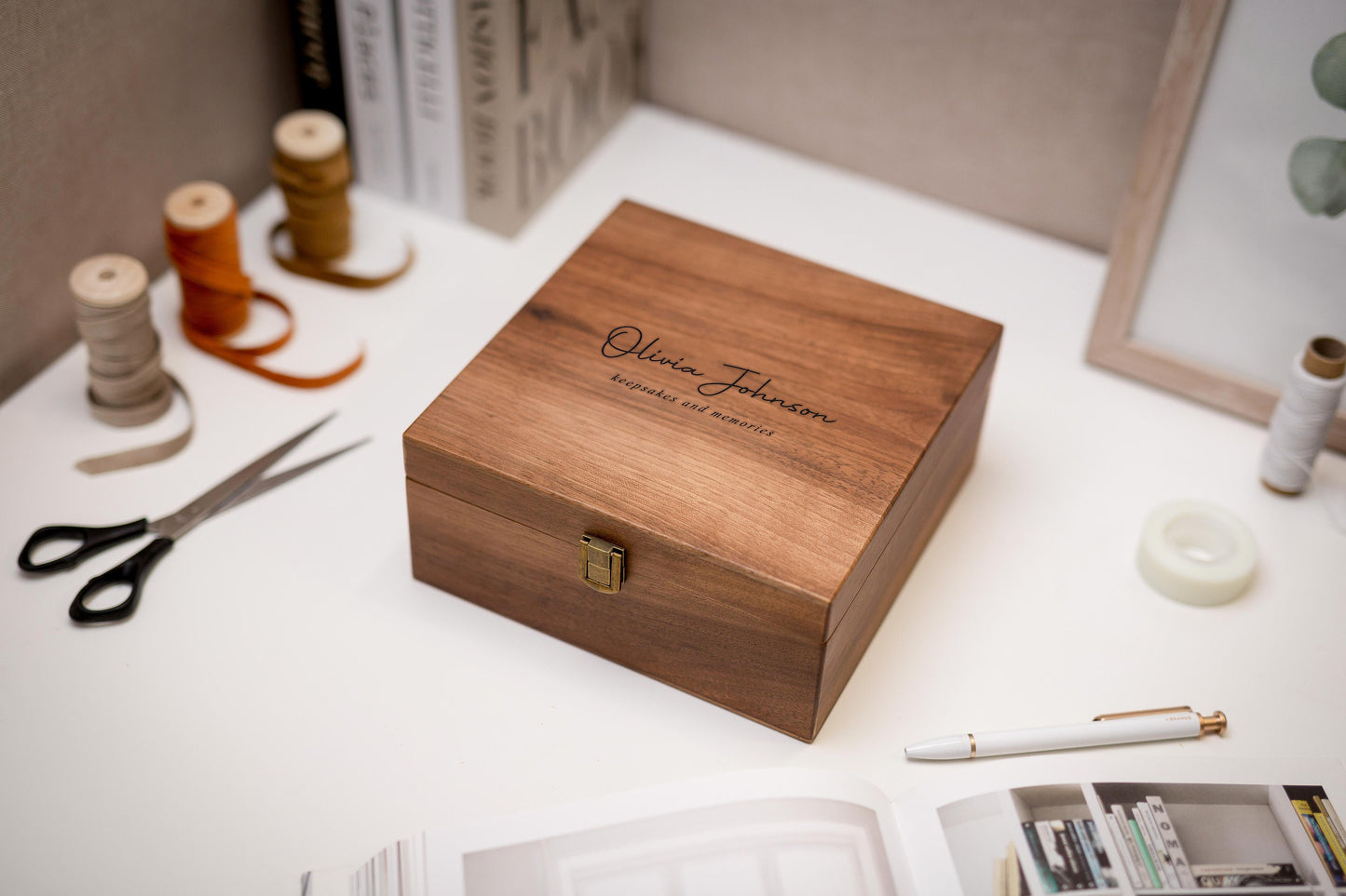 Wood Storage Box w/ Hinge Lid (D6) - Engraved Keepsake Memory Box for Photos Cards, Retirement College Commemorative Graduation BFF Gifts