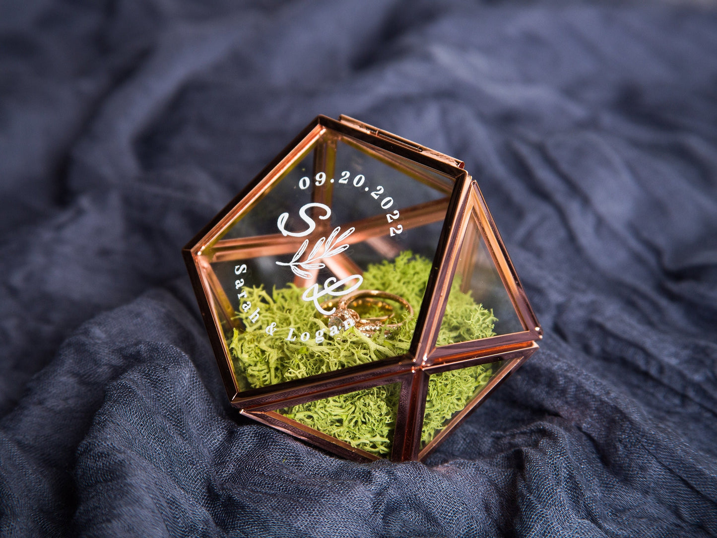 Geometric Glass Ring Box with Moss - Rose Gold or Gold - Personalized Ring Box for Wedding Ceremony Ring Bearer Pillow Alternative Her Gift