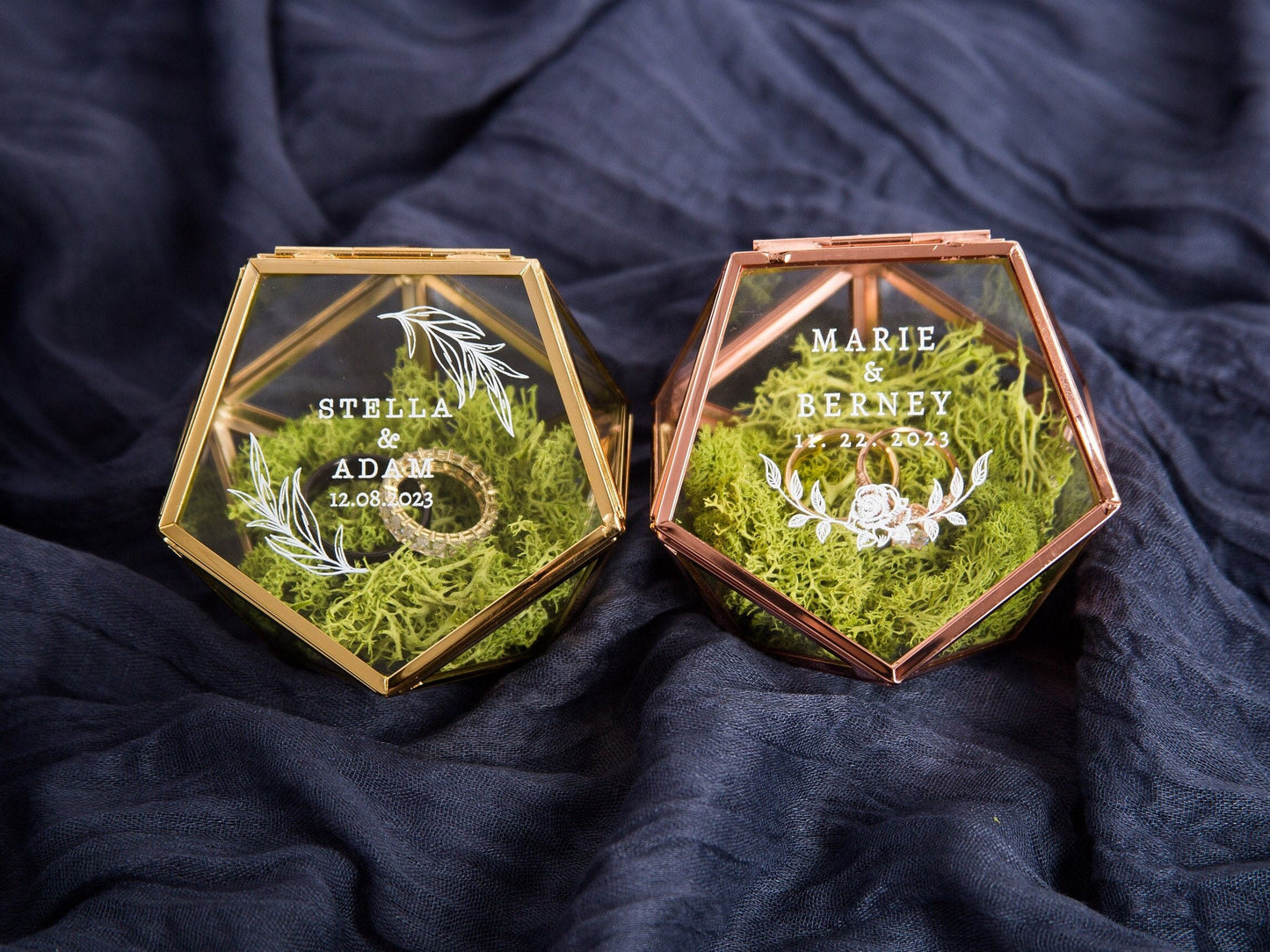 Geometric Glass Ring Box with Moss - Rose Gold or Gold - Personalized Ring Box for Wedding Ceremony Ring Bearer Pillow Alternative Her Gift