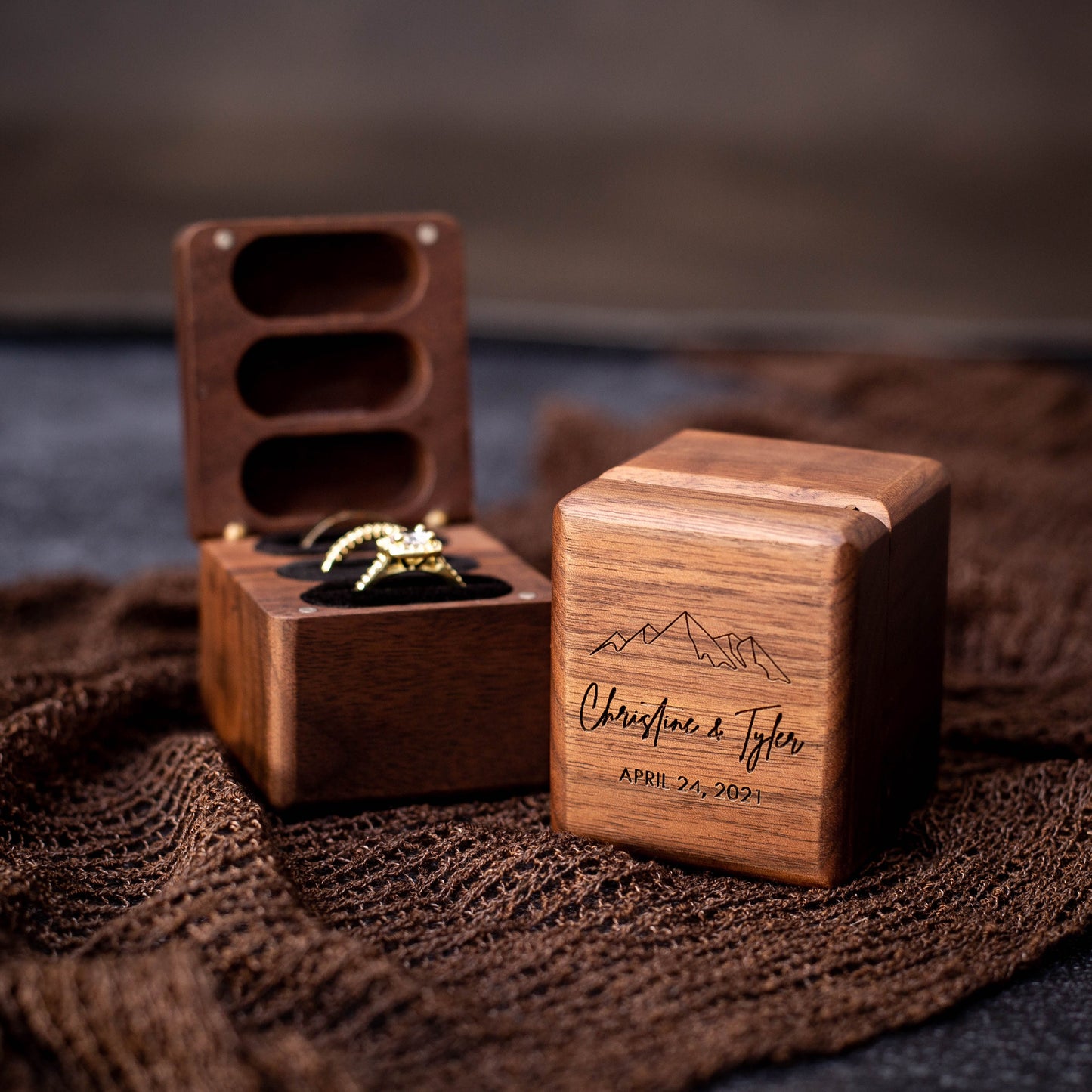 Triple Flip Wood Ring Box - Engraved Ring Box for 3 Rings, Wedding Ceremony Ring Bearer Box, Engagement Ring Storage, Unique Gift for Her
