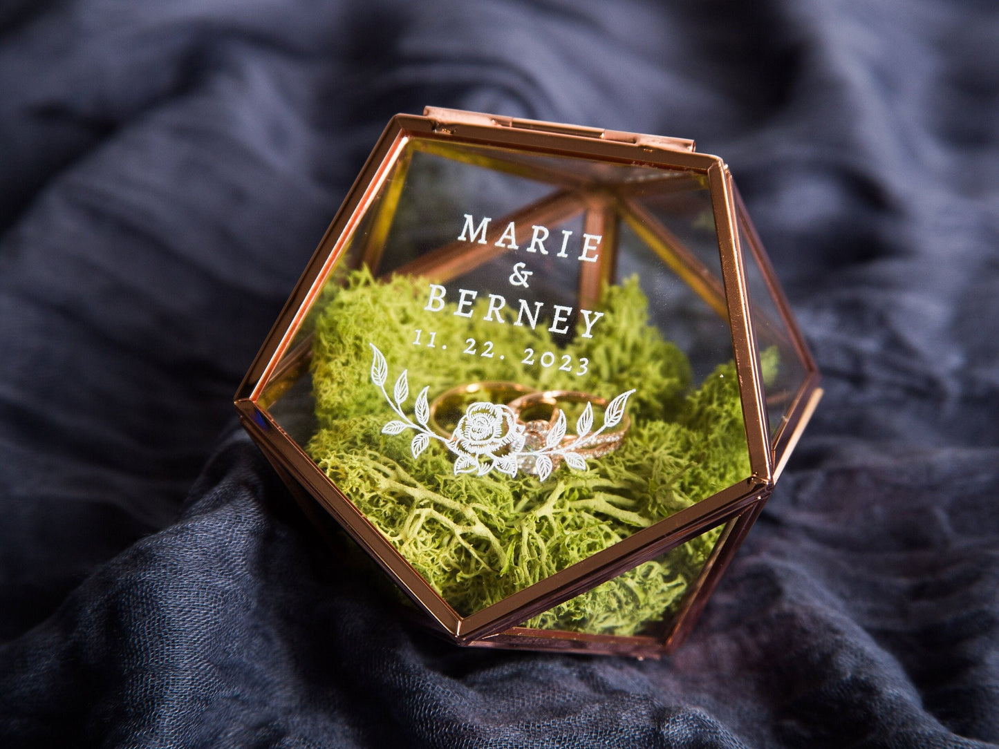 Geometric Glass Ring Box with Moss - Rose Gold or Gold - Personalized Ring Box for Wedding Ceremony Ring Bearer Pillow Alternative Her Gift