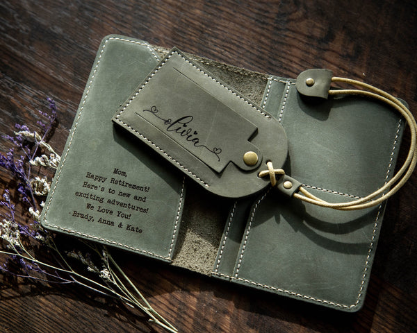 Engraved Leather Passport Holder & Luggage Tag Set