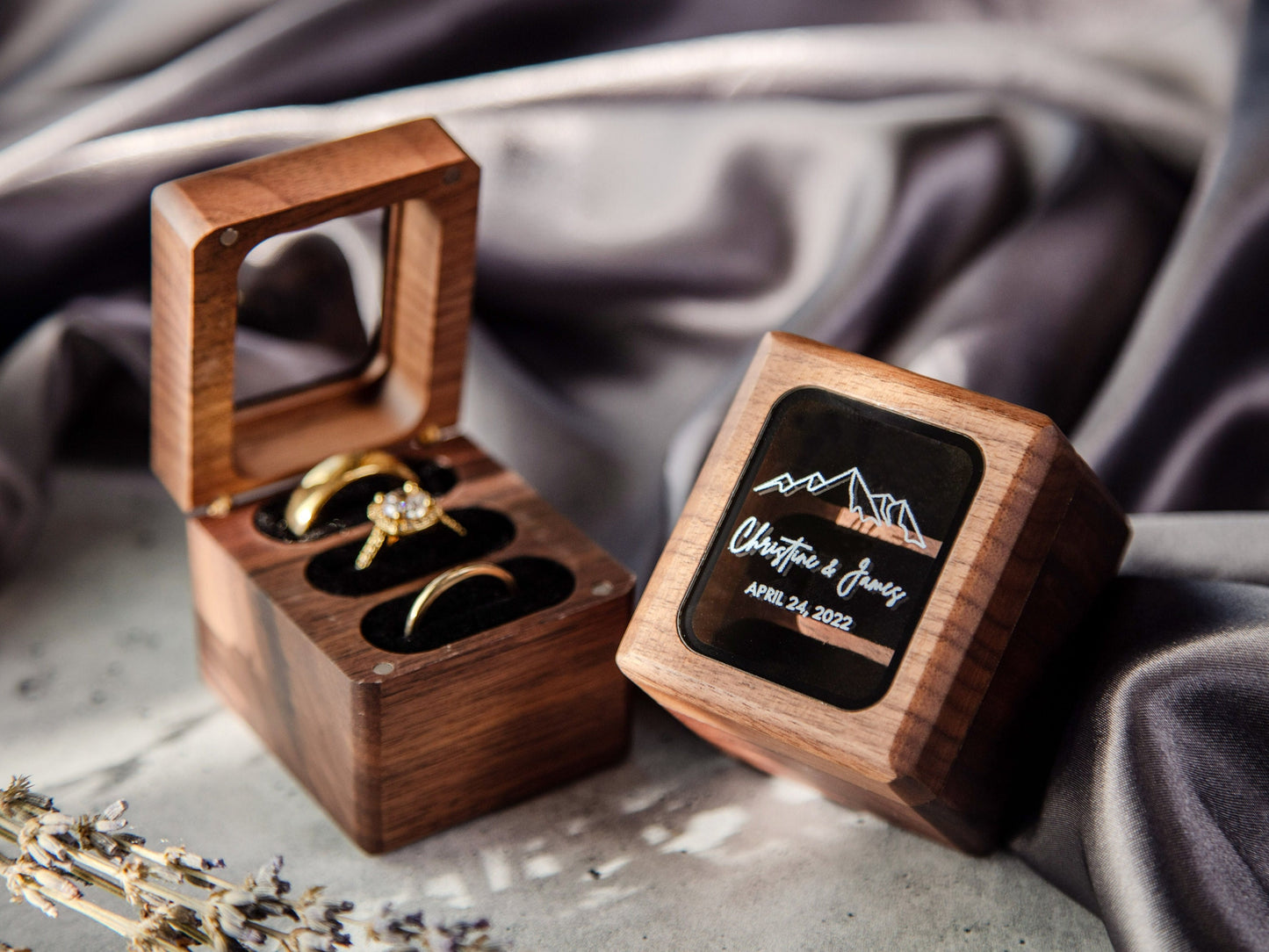 Triple Flip Wood Ring Box with Glass Lid - UV Printed Ring Box for 3 Rings, Wedding Ceremony Ring Bearer Box, Engagement Ring Storage