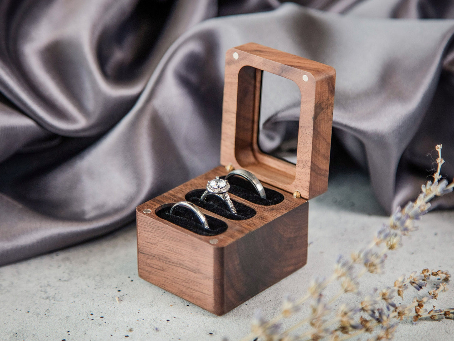 Triple Flip Wood Ring Box with Glass Lid - UV Printed Ring Box for 3 Rings, Wedding Ceremony Ring Bearer Box, Engagement Ring Storage