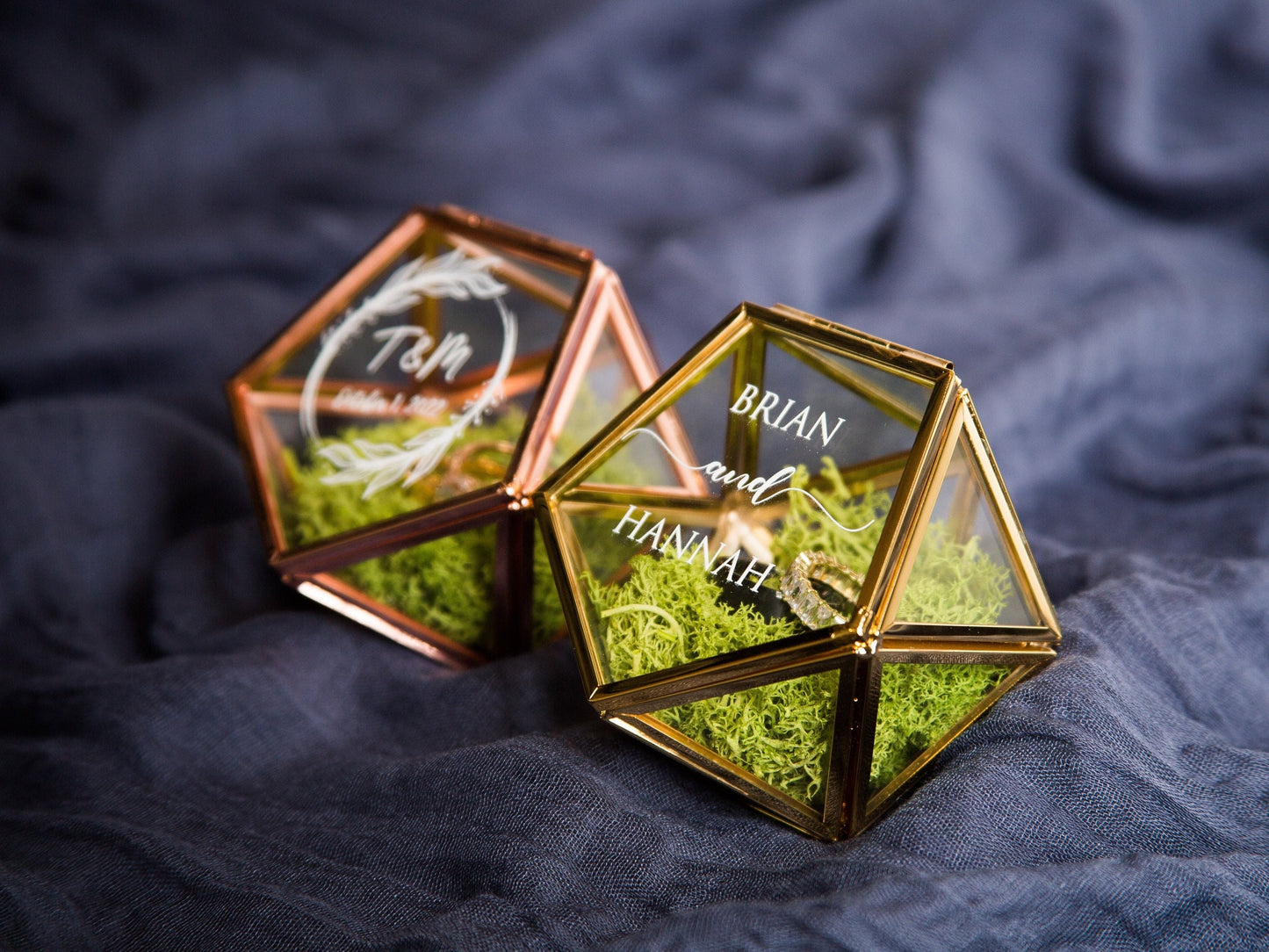 Geometric Glass Ring Box with Moss - Rose Gold or Gold - Personalized Ring Box for Wedding Ceremony Ring Bearer Pillow Alternative Her Gift