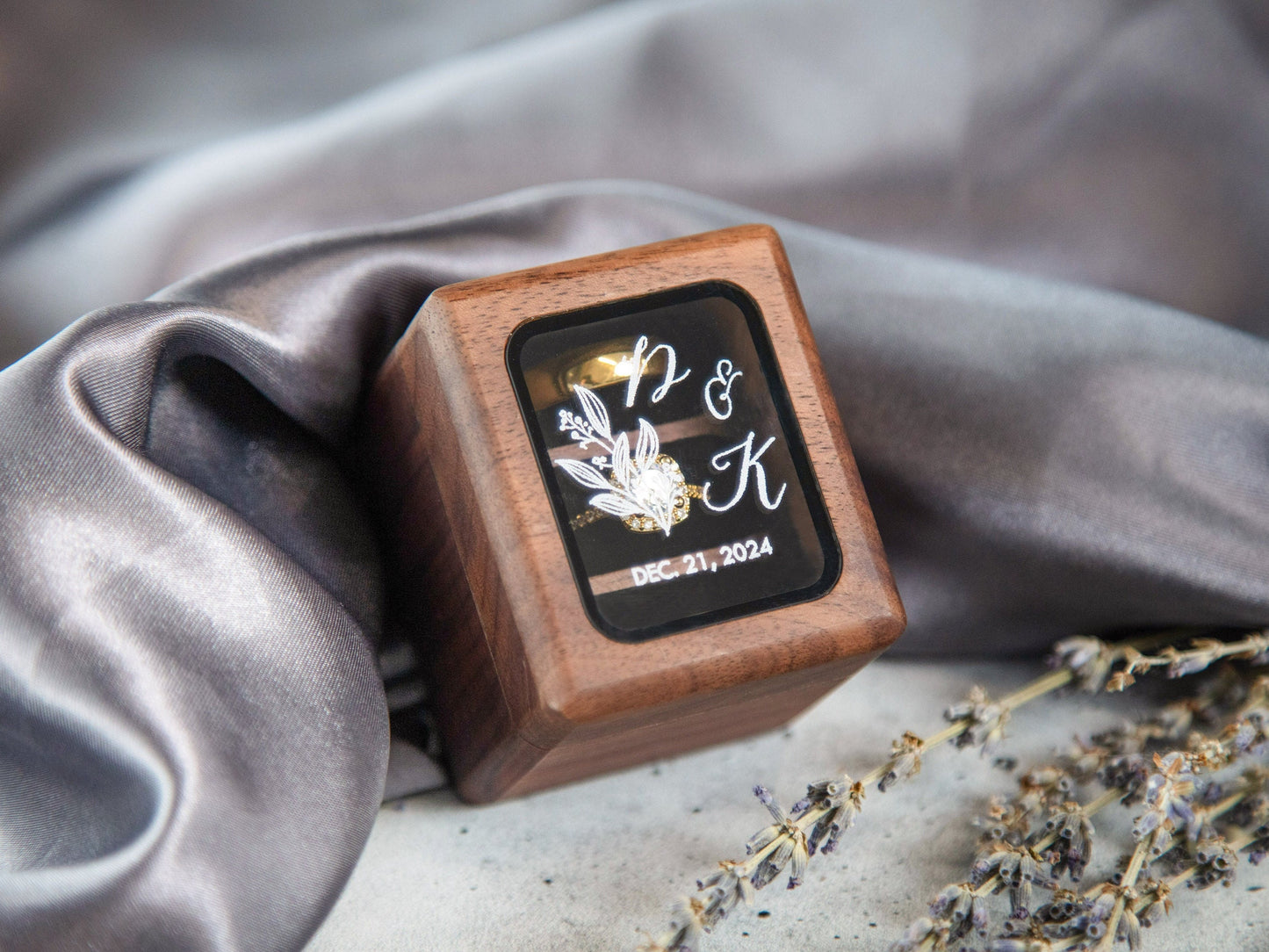 Triple Flip Wood Ring Box with Glass Lid - UV Printed Ring Box for 3 Rings, Wedding Ceremony Ring Bearer Box, Engagement Ring Storage