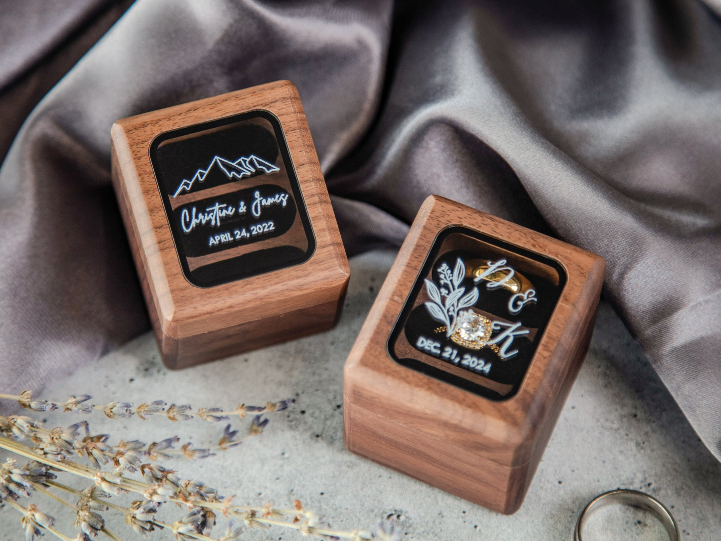 Triple Flip Wood Ring Box with Glass Lid - UV Printed Ring Box for 3 Rings, Wedding Ceremony Ring Bearer Box, Engagement Ring Storage