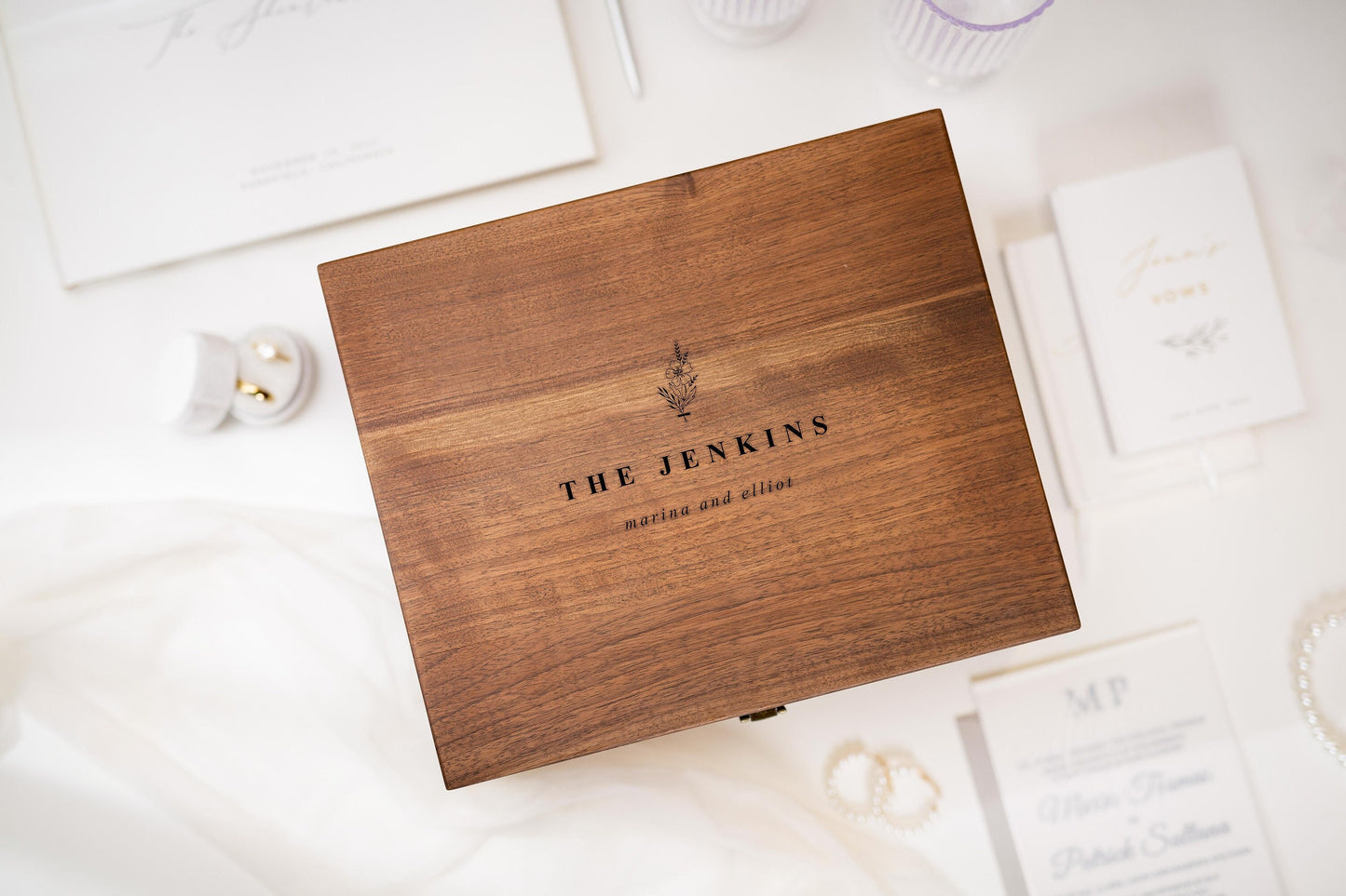Wood Storage Box w/ Hinge Lid (D5) - Engraved Wedding Keepsake Memory Box Wedding Photos, Engagement Anniversary Gift Couples, Mom-to-be