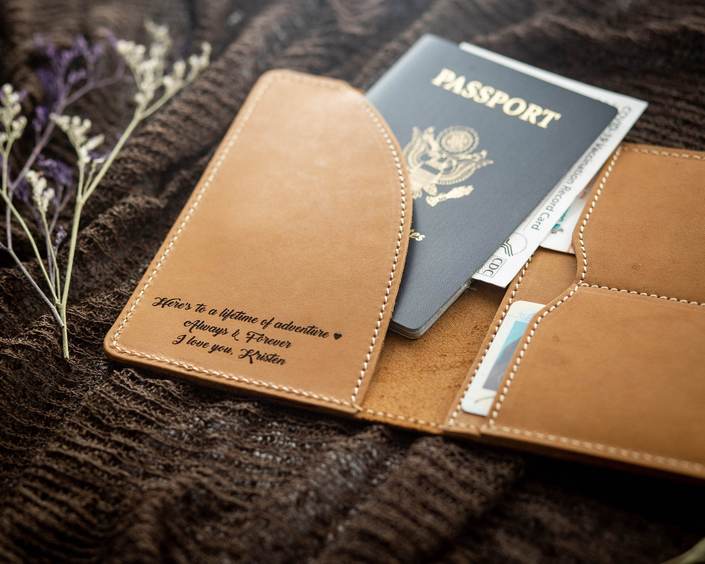 Engraved Leather Passport Holder & Luggage Tag Set - Anniversary Wedding Honeymoon Gift, Gift for Mom Wife Husband Dad, Suitcase Bag Tag