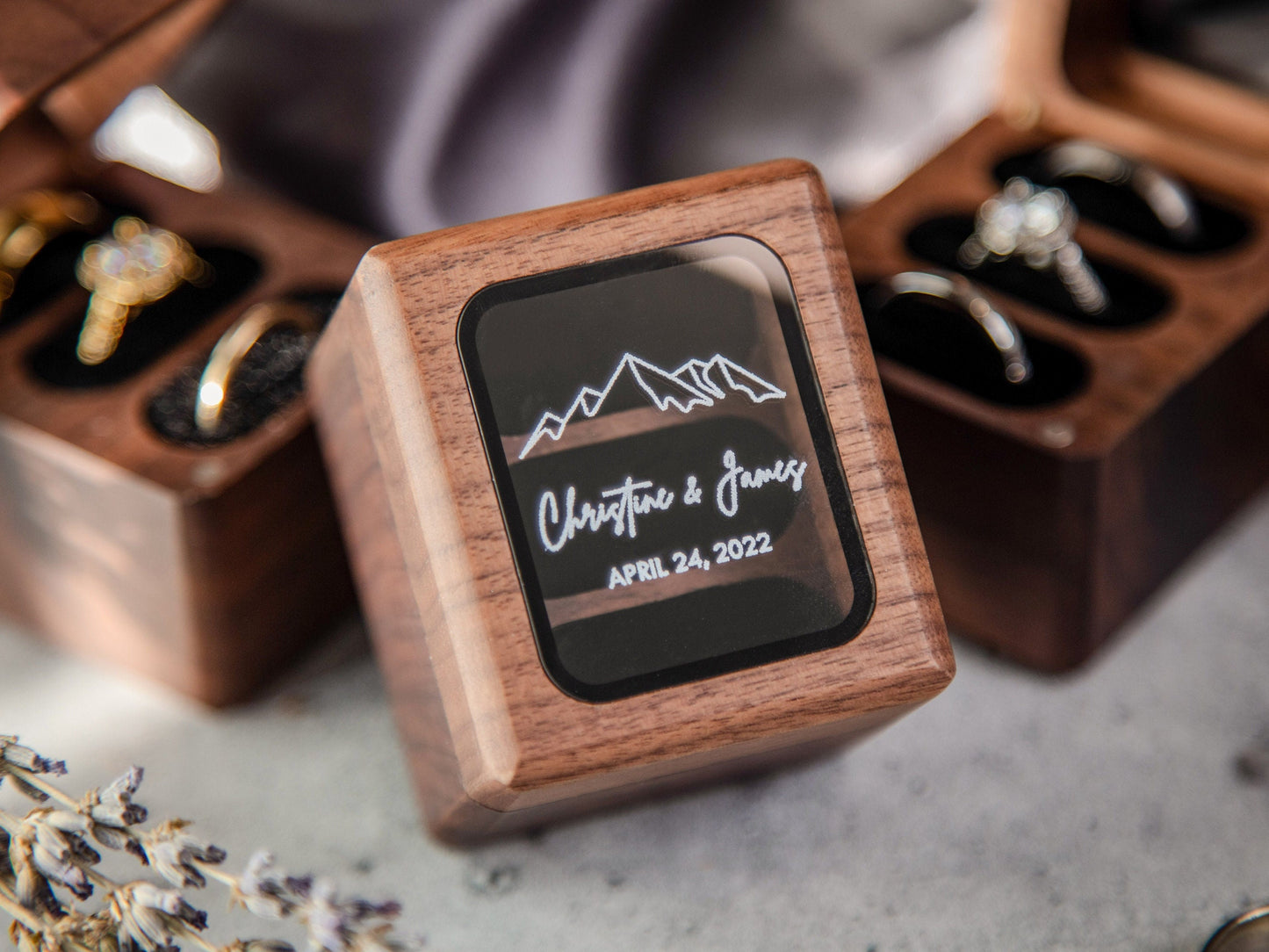 Triple Flip Wood Ring Box with Glass Lid - UV Printed Ring Box for 3 Rings, Wedding Ceremony Ring Bearer Box, Engagement Ring Storage