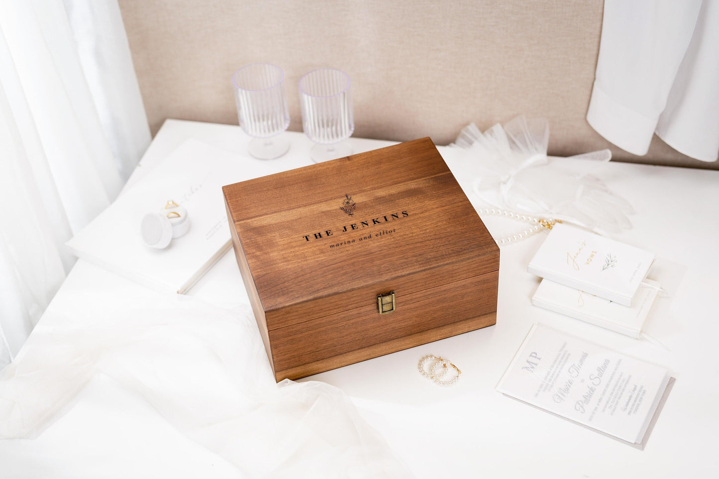 Wood Storage Box w/ Hinge Lid (D5) - Engraved Wedding Keepsake Memory Box Wedding Photos, Engagement Anniversary Gift Couples, Mom-to-be