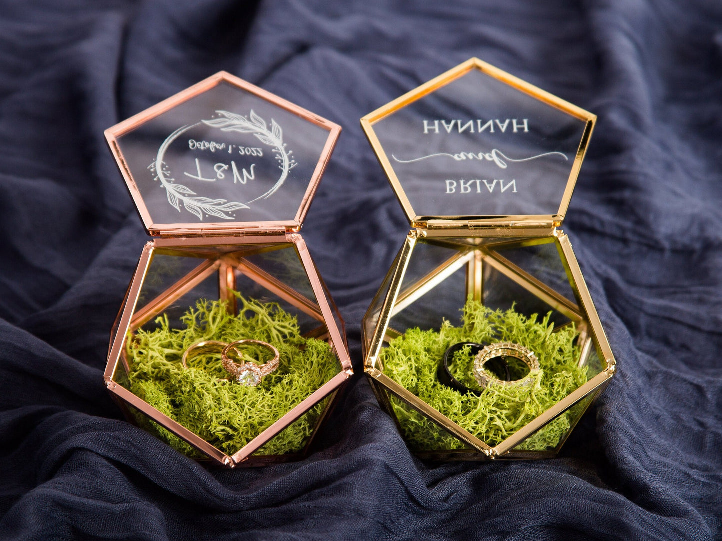 Geometric Glass Ring Box with Moss - Rose Gold or Gold - Personalized Ring Box for Wedding Ceremony Ring Bearer Pillow Alternative Her Gift