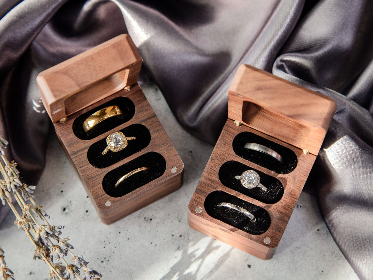 Triple Flip Wood Ring Box with Glass Lid - UV Printed Ring Box for 3 Rings, Wedding Ceremony Ring Bearer Box, Engagement Ring Storage