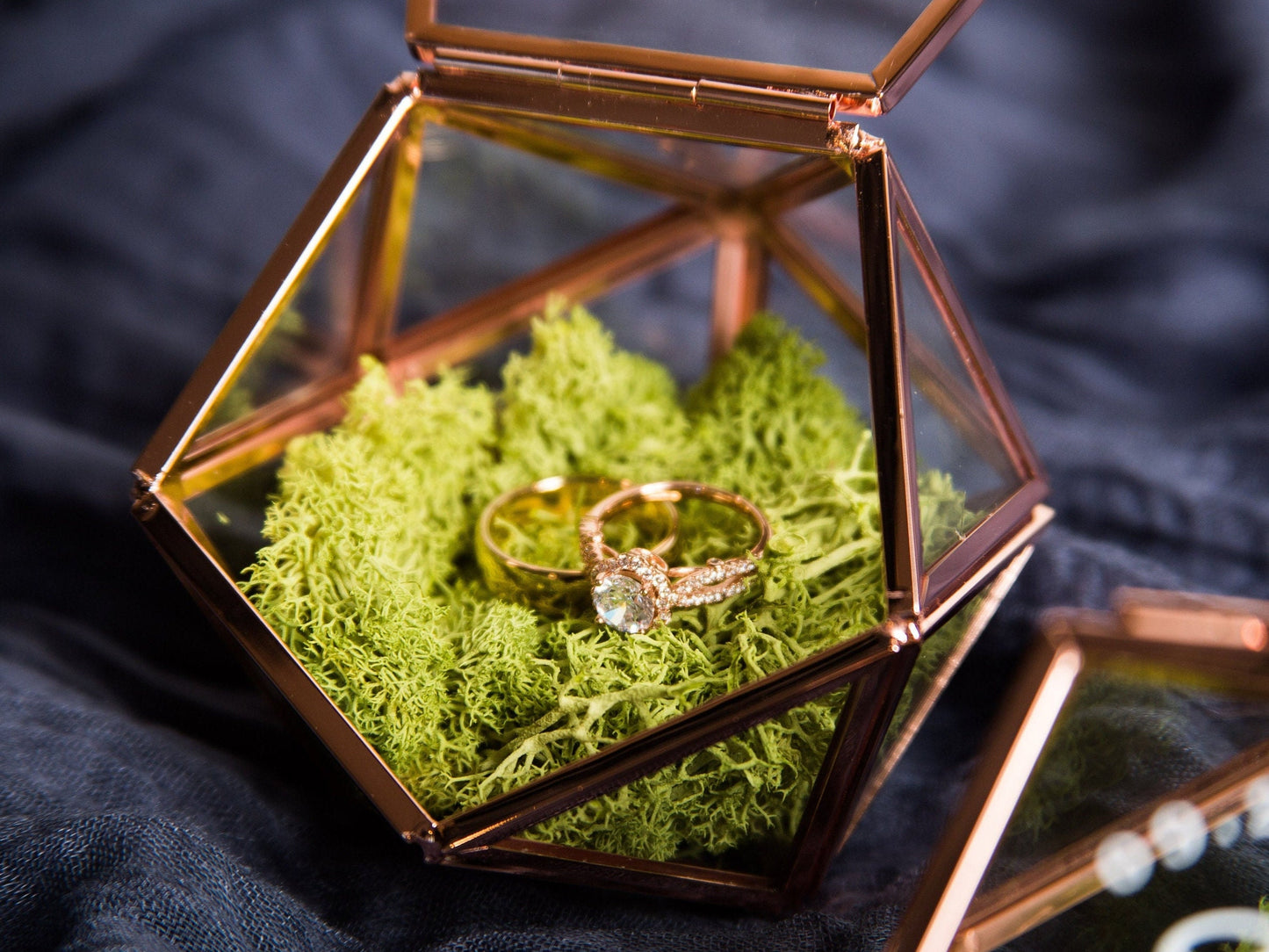 Geometric Glass Ring Box with Moss - Rose Gold or Gold - Personalized Ring Box for Wedding Ceremony Ring Bearer Pillow Alternative Her Gift