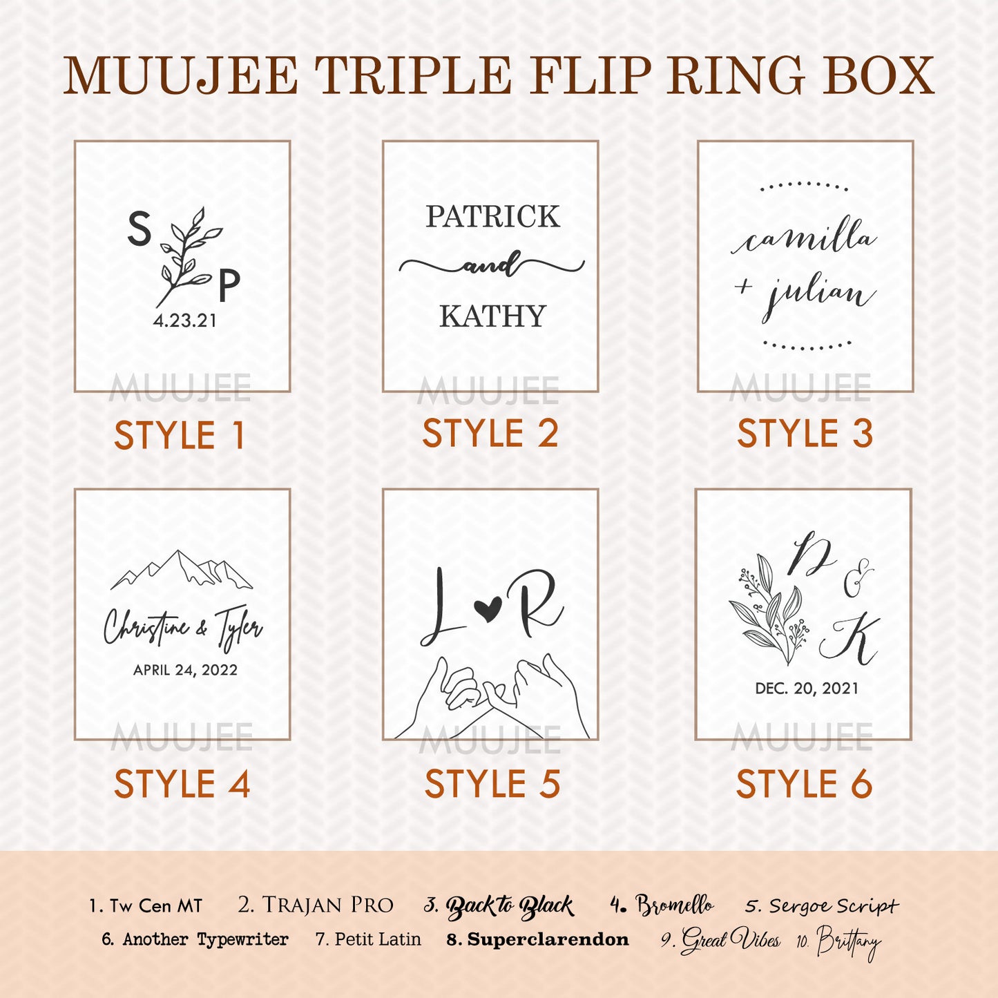 Triple Flip Wood Ring Box with Glass Lid - UV Printed Ring Box for 3 Rings, Wedding Ceremony Ring Bearer Box, Engagement Ring Storage