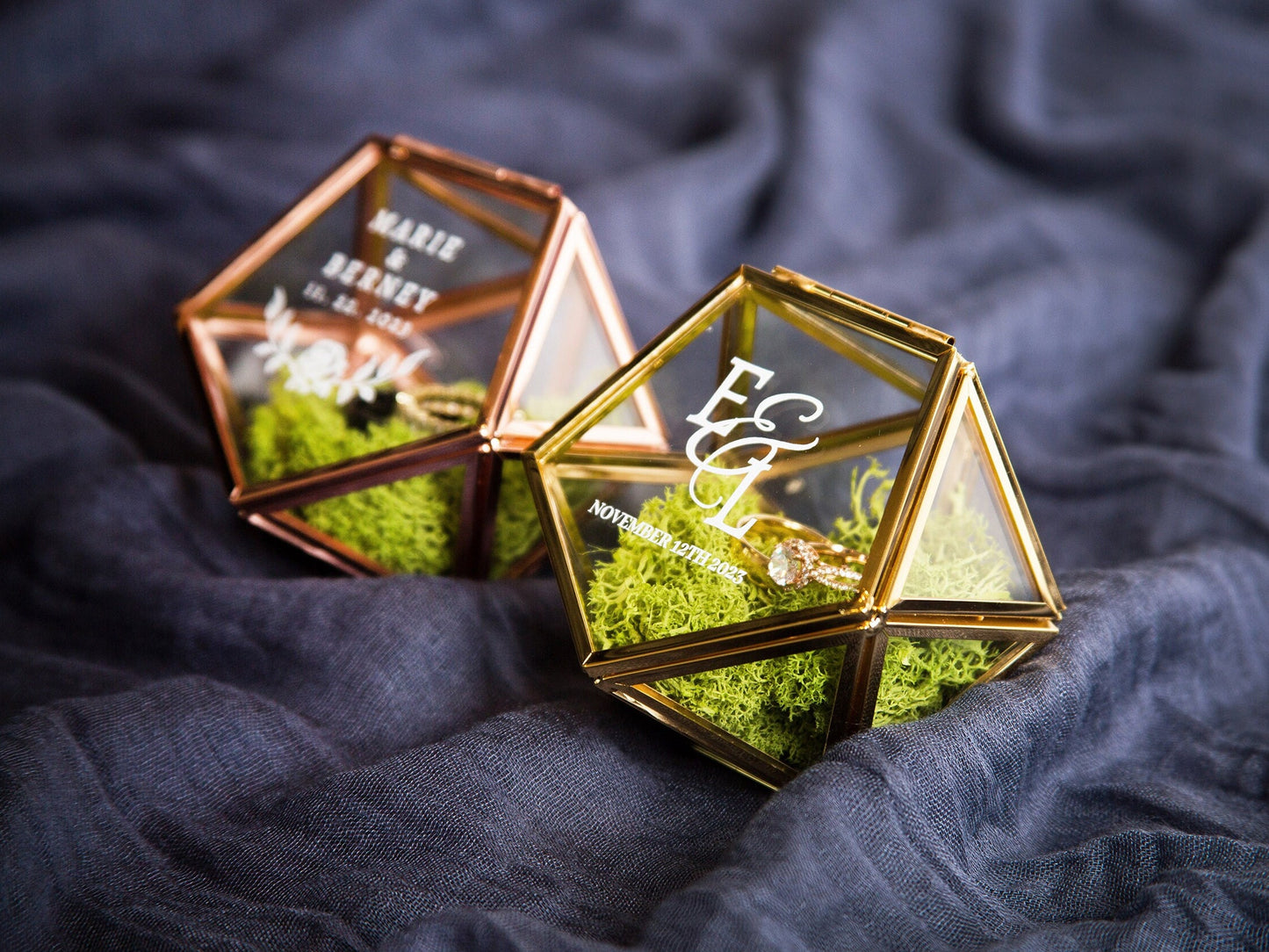 Geometric Glass Ring Box with Moss - Rose Gold or Gold - Personalized Ring Box for Wedding Ceremony Ring Bearer Pillow Alternative Her Gift