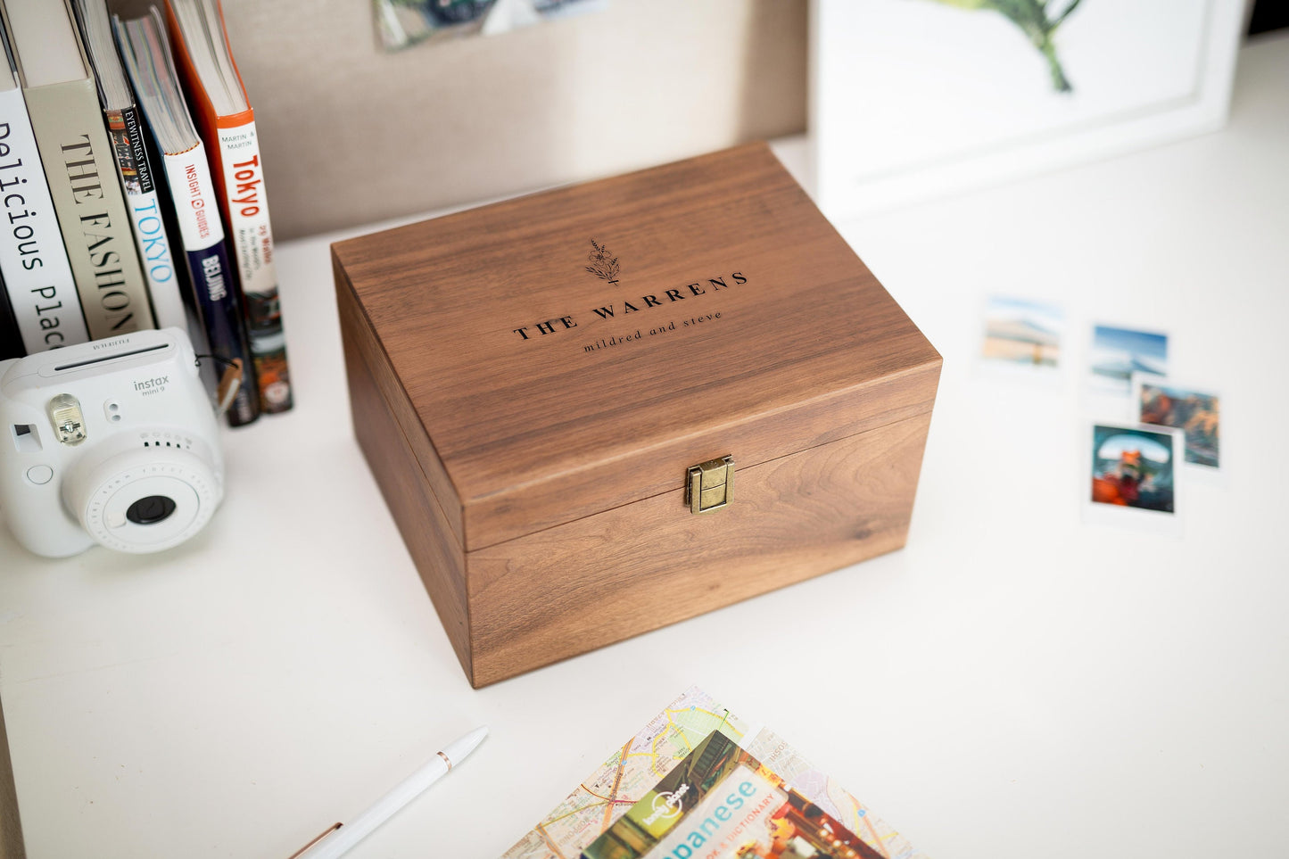 Wood Storage Box w/ Hinge Lid (D5) - Engraved Wedding Keepsake Memory Box Wedding Photos, Engagement Anniversary Gift Couples, Mom-to-be