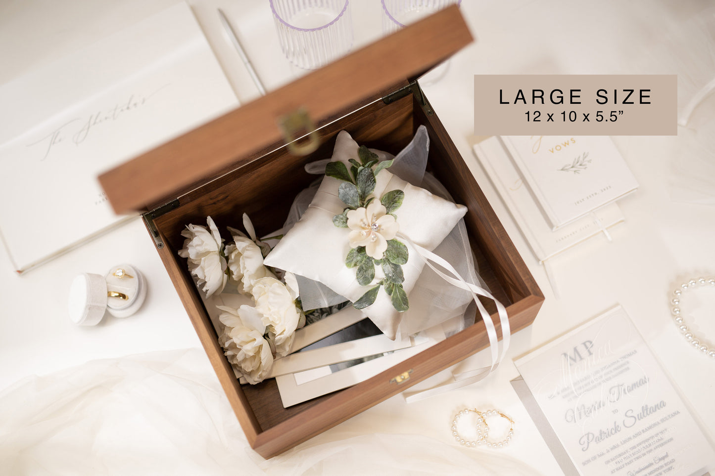 Wood Storage Box w/ Hinge Lid (D5) - Engraved Wedding Keepsake Memory Box Wedding Photos, Engagement Anniversary Gift Couples, Mom-to-be
