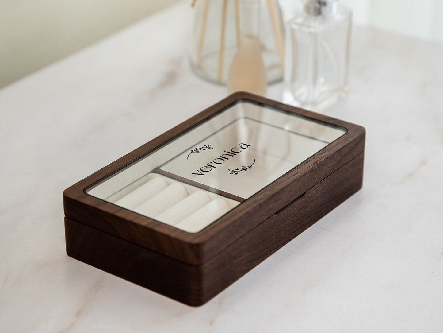 Wood Jewelry Box w/ Glass Lid (Design 2 Black) - Monogram Women's Rings Accessory Case Holder Storage Organizer Bachelorette BFF Wife Gift