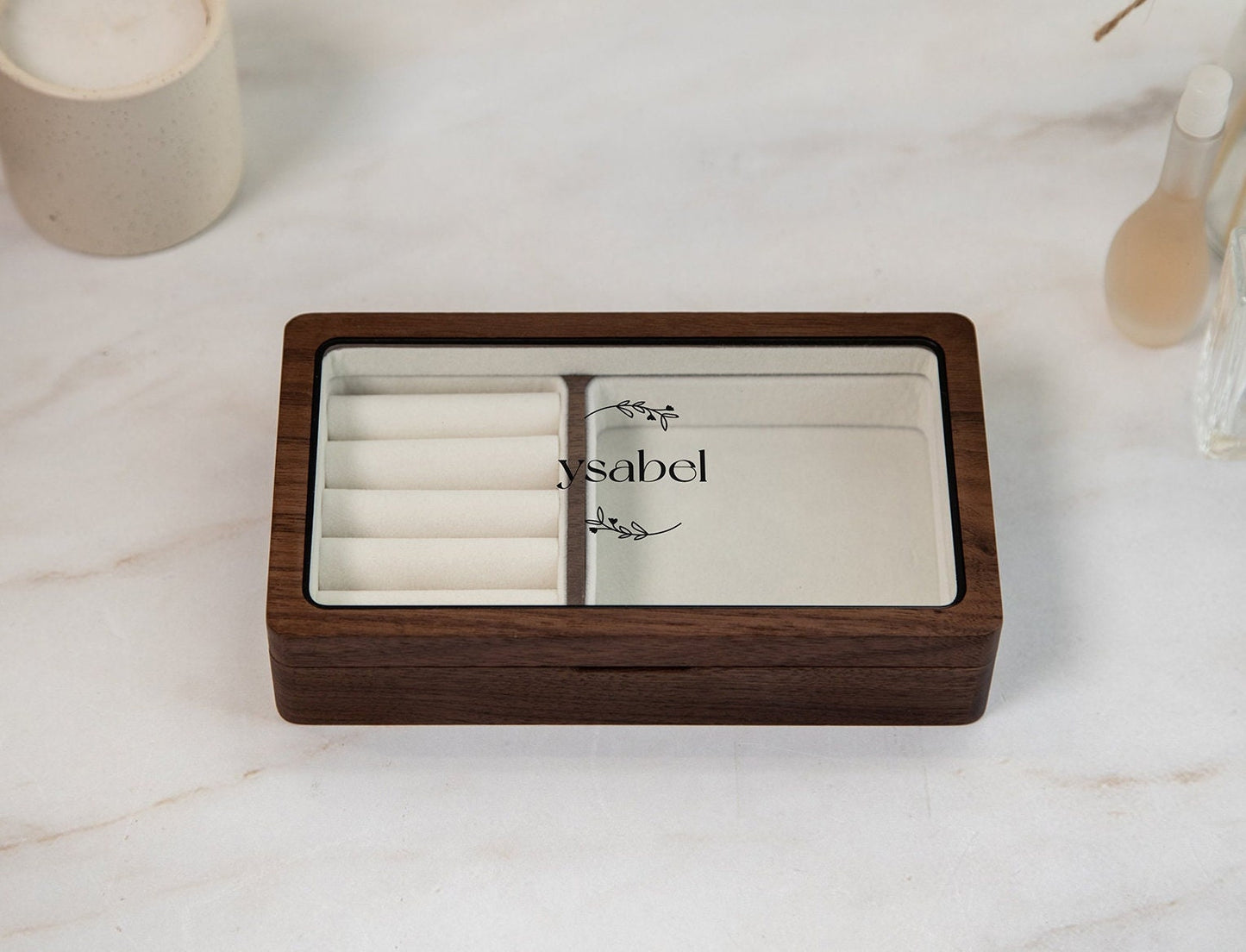 Wood Jewelry Box w/ Glass Lid (Design 2 Black) - Monogram Women's Rings Accessory Case Holder Storage Organizer Bachelorette BFF Wife Gift