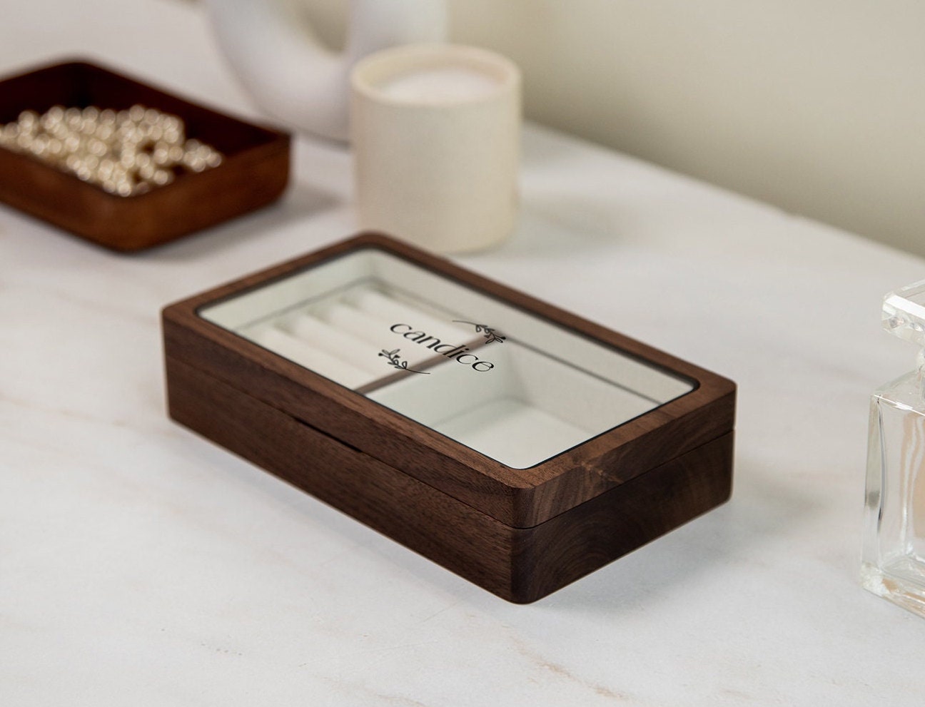 Wood Jewelry Box w/ Glass Lid (Design 2 Black) - Monogram Women's Rings Accessory Case Holder Storage Organizer Bachelorette BFF Wife Gift