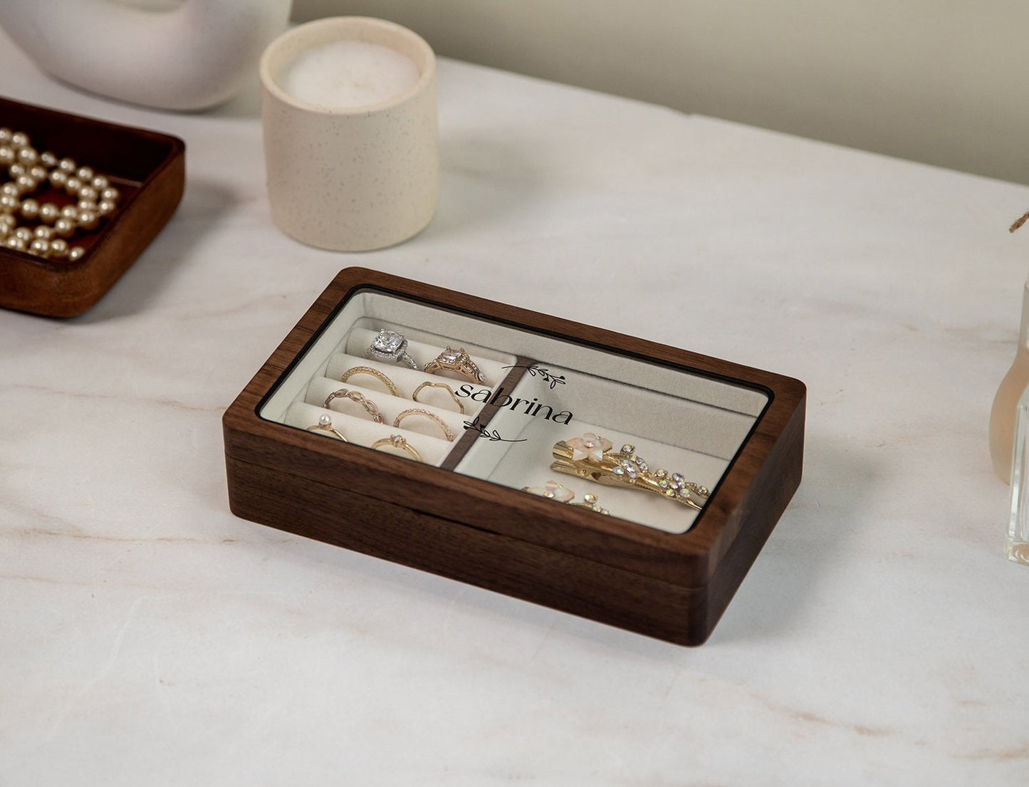 Wood Jewelry Box w/ Glass Lid (Design 2 Black) - Monogram Women's Rings Accessory Case Holder Storage Organizer Bachelorette BFF Wife Gift