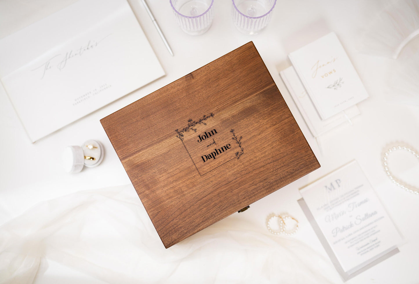 Wood Storage Box w/ Hinge Lid (D1) - Engraved Wedding Keepsake Memory Box Wedding Photos Cards, Engagement Gift, Anniversary Gift Couples
