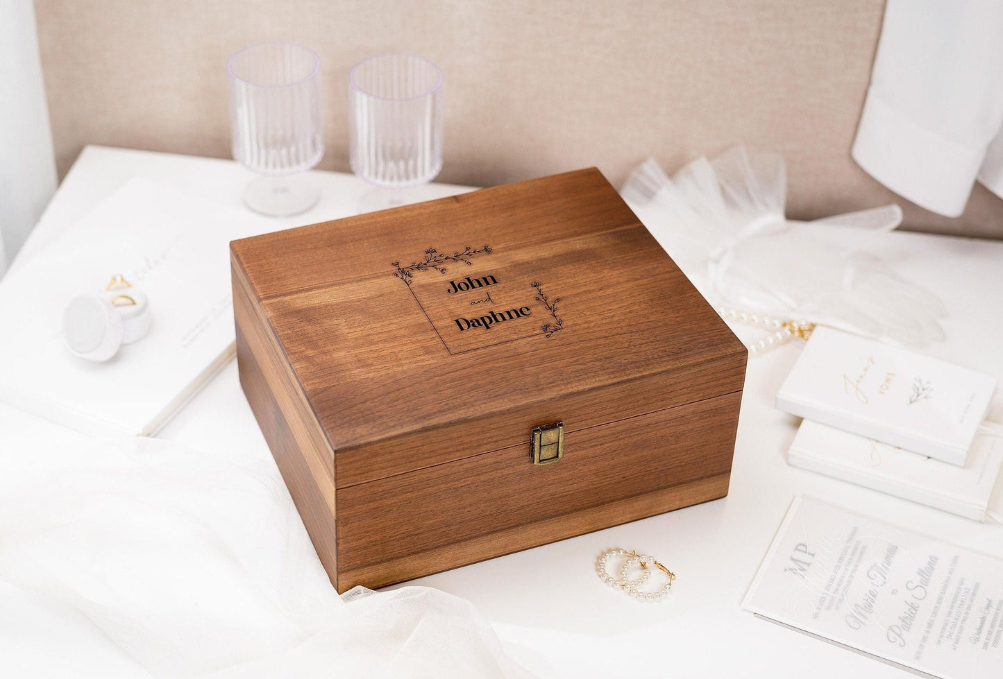 Wood Storage Box w/ Hinge Lid (D1) - Engraved Wedding Keepsake Memory Box Wedding Photos Cards, Engagement Gift, Anniversary Gift Couples