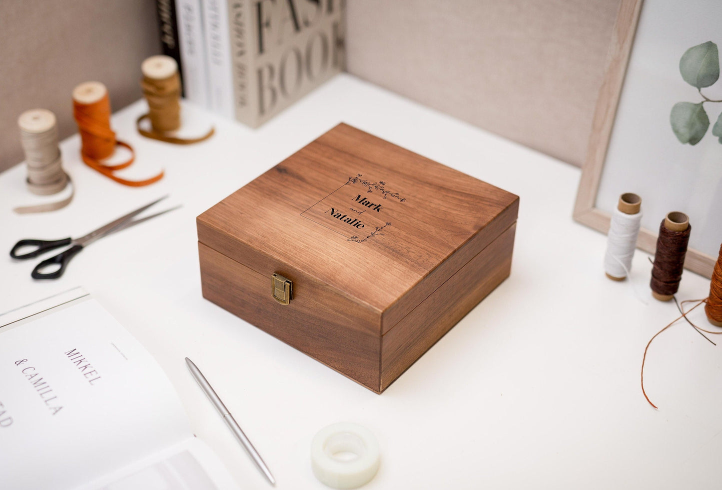 Wood Storage Box w/ Hinge Lid (D1) - Engraved Wedding Keepsake Memory Box Wedding Photos Cards, Engagement Gift, Anniversary Gift Couples