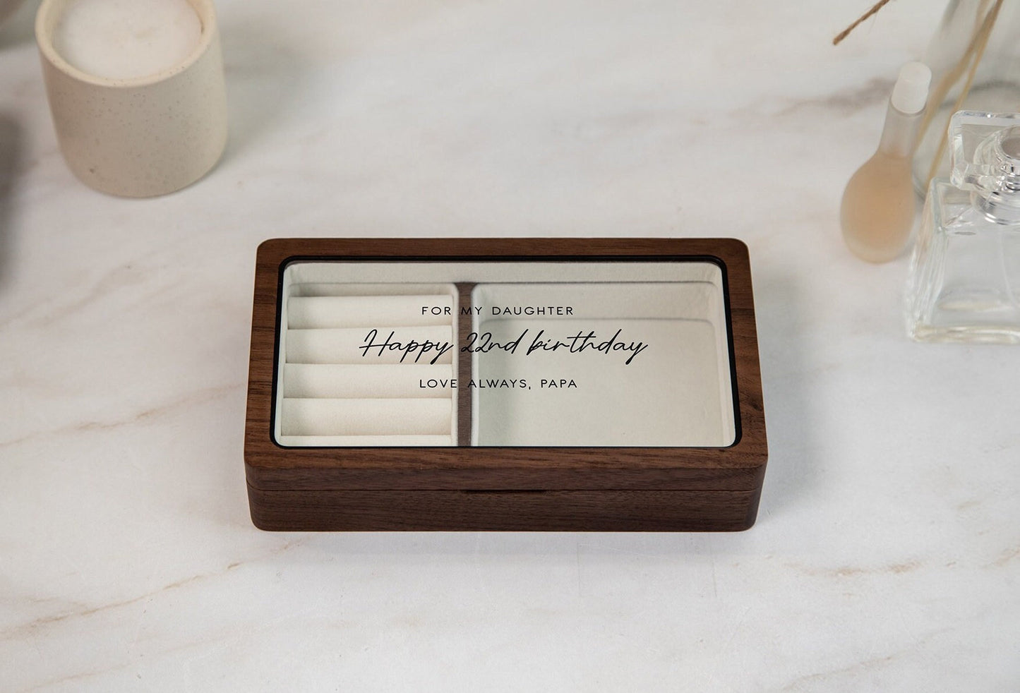Wood Jewelry Box w/ Glass Lid (Design 4 Black) - Accessories Holder Personalized Birthday Gift for Girl Friend BFF Women Grand Daughter