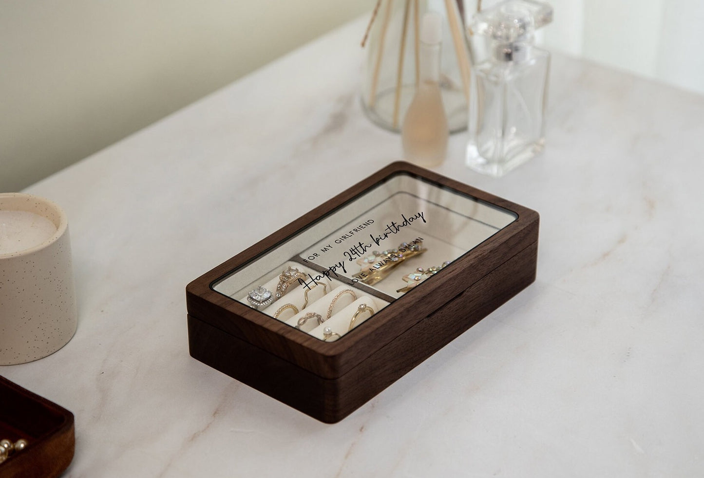 Wood Jewelry Box w/ Glass Lid (Design 4 Black) - Accessories Holder Personalized Birthday Gift for Girl Friend BFF Women Grand Daughter