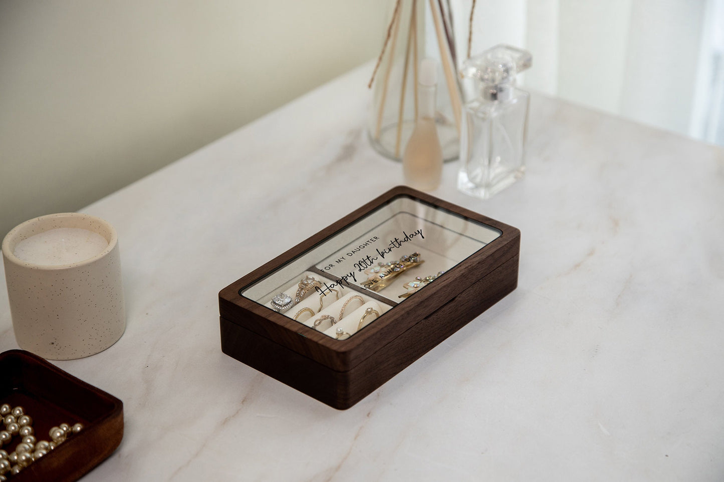 Wood Jewelry Box w/ Glass Lid (Design 4 Black) - Accessories Holder Personalized Birthday Gift for Girl Friend BFF Women Grand Daughter