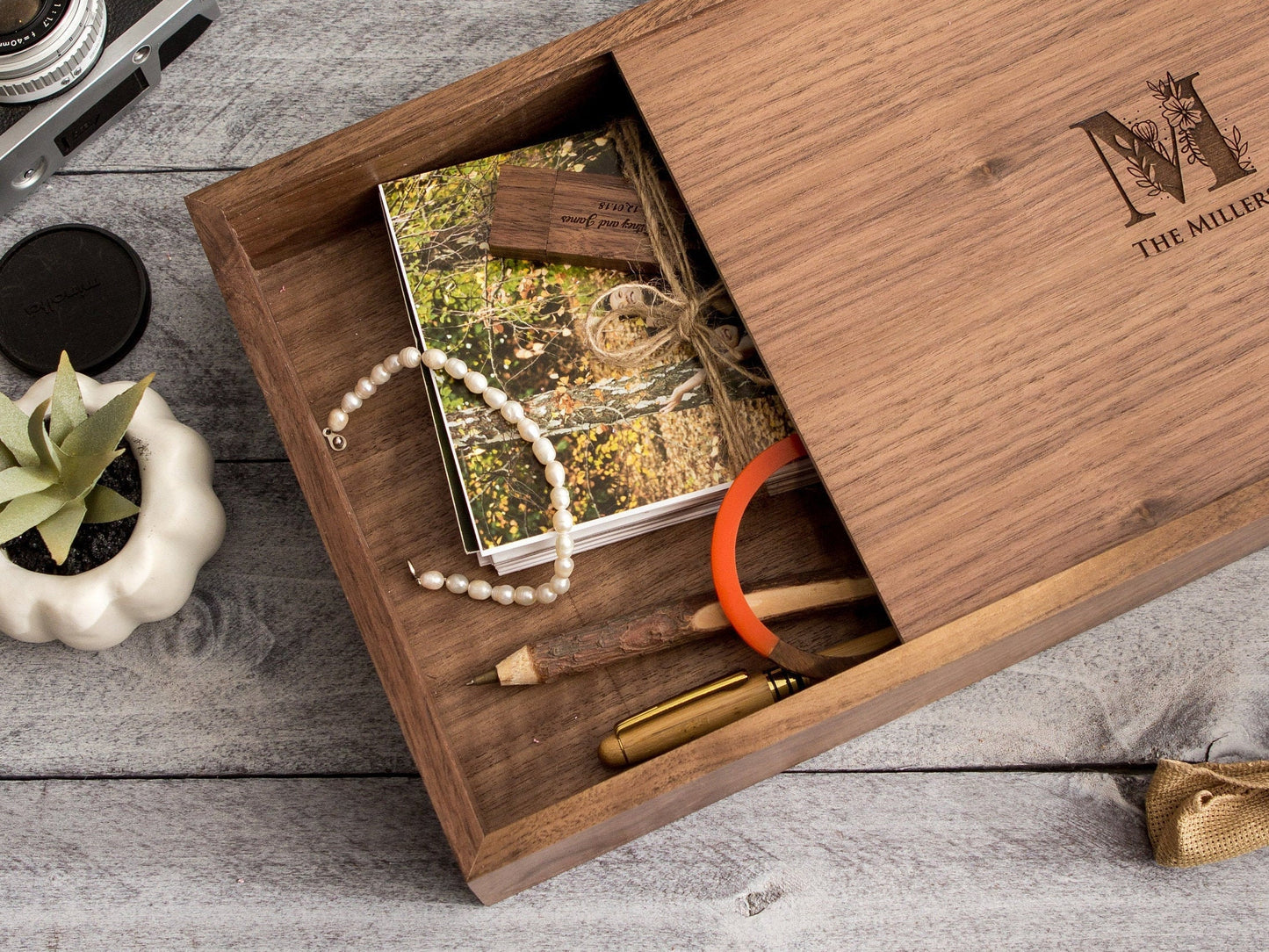 Wood Memory Box - Engraved Keepsake Storage Box with Slide Wooden Lid, Sentimental Birthday Gift, Gift for Couples, Wedding Travel Gift