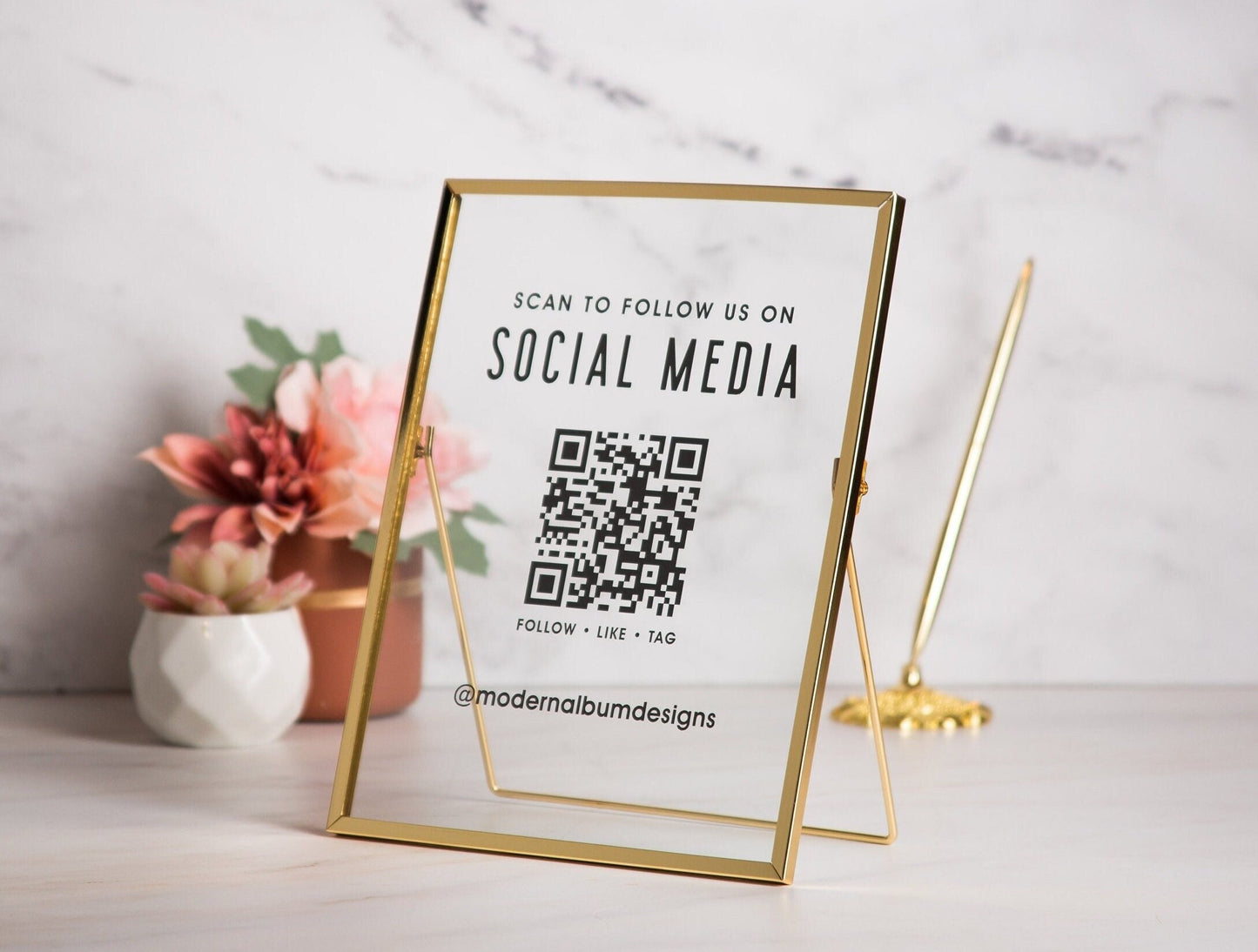 Gold Glass Social Media QR Sign - 6.5x7.75 Scan to follow Instagram Website Table Signage, Business Office Lash Salons Restaurant Trade Show