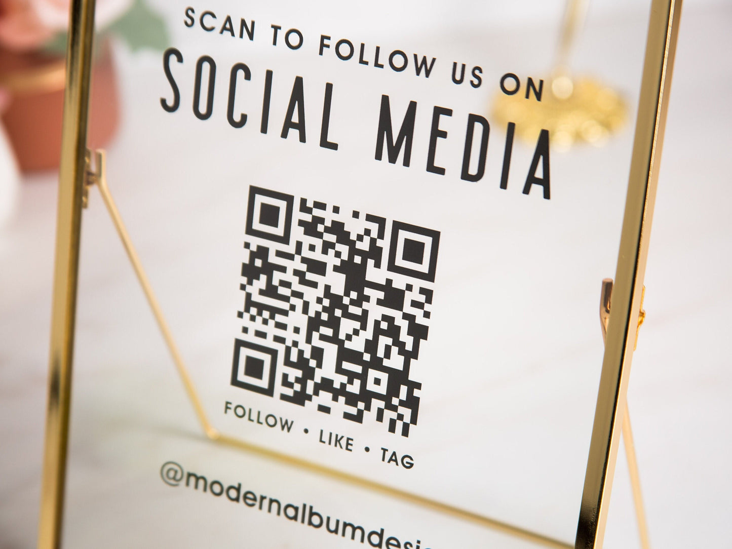 Gold Glass Social Media QR Sign - 6.5x7.75 Scan to follow Instagram Website Table Signage, Business Office Lash Salons Restaurant Trade Show