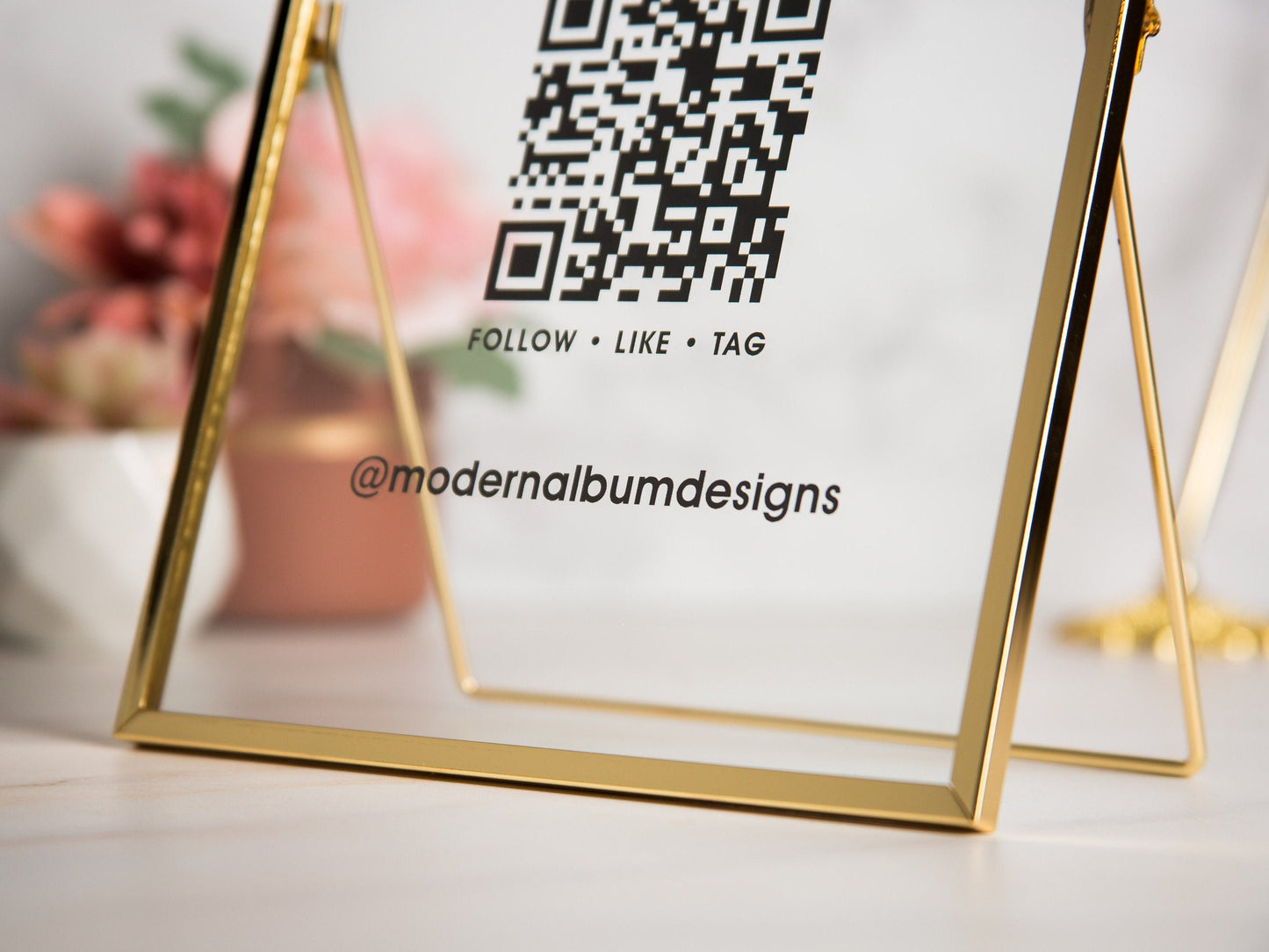 Gold Glass Social Media QR Sign - 6.5x7.75 Scan to follow Instagram Website Table Signage, Business Office Lash Salons Restaurant Trade Show