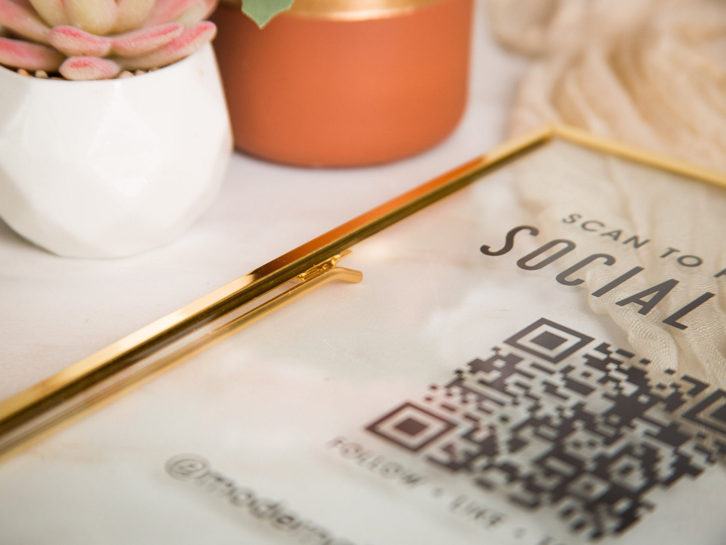 Gold Glass Social Media QR Sign - 6.5x7.75 Scan to follow Instagram Website Table Signage, Business Office Lash Salons Restaurant Trade Show