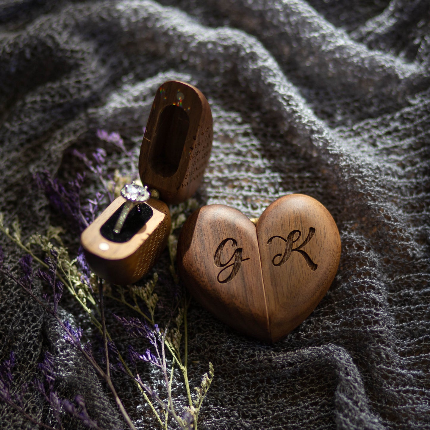 Heart Flip Ring Box - Engraved Secret Slim Wooden Engagement or Wedding Ring Box, Romantic Heart Shaped Proposal Prop Decor Love Gift