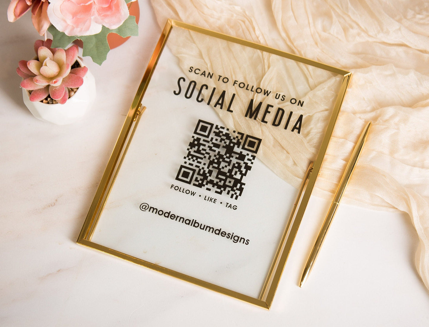 Gold Glass Social Media QR Sign - 6.5x7.75 Scan to follow Instagram Website Table Signage, Business Office Lash Salons Restaurant Trade Show
