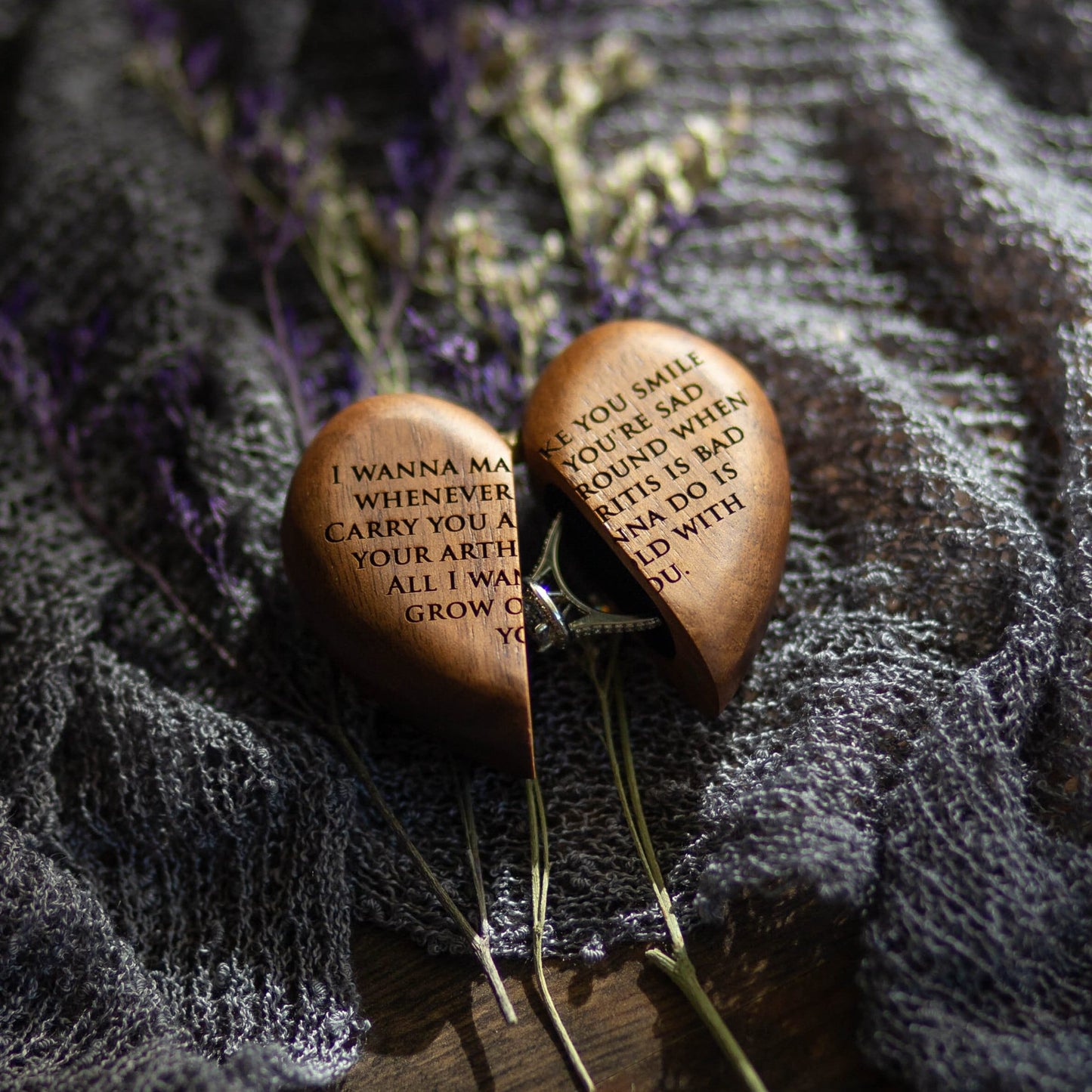 Heart Flip Ring Box - Engraved Secret Slim Wooden Engagement or Wedding Ring Box, Romantic Heart Shaped Proposal Prop Decor Love Gift