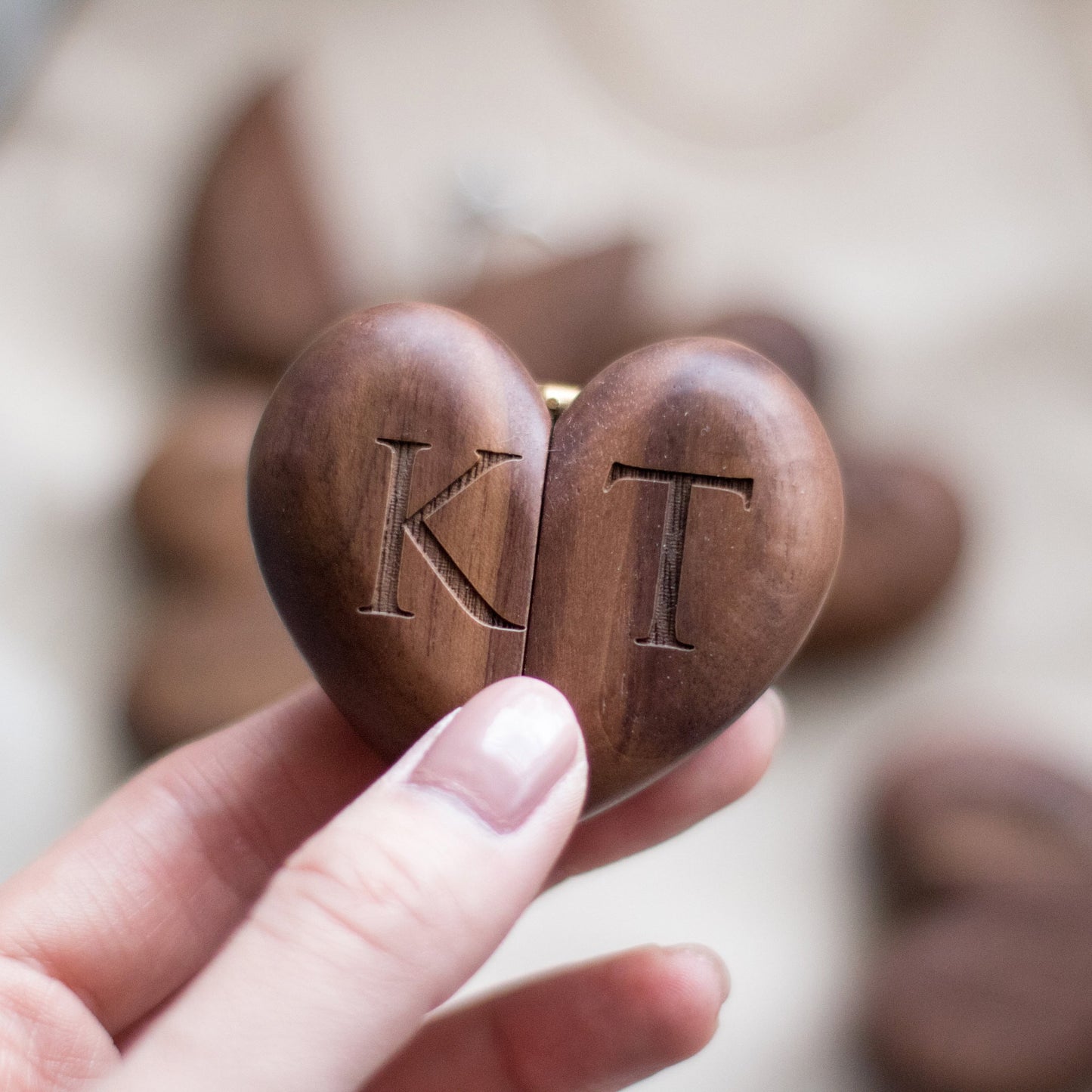 Heart Flip Ring Box - Engraved Secret Slim Wooden Engagement or Wedding Ring Box, Romantic Heart Shaped Proposal Prop Decor Love Gift