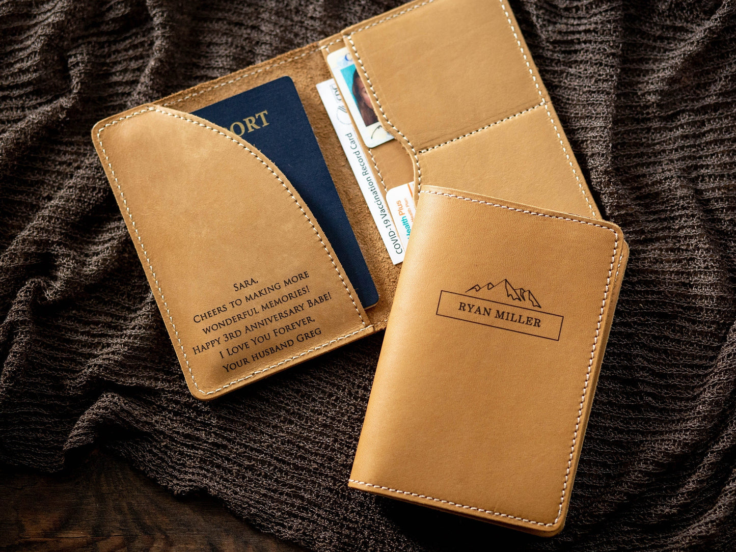 Engraved Passport Holder - Leather Travel Wallet, 3rd Wedding Leather Anniversary Gift, Wedding Gift for Couple, Outdoor Travel Gift for Him