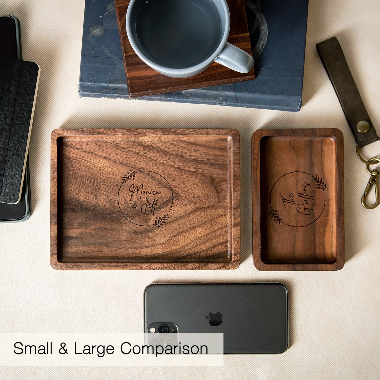 Rectangle Wood Tray - Engraved Key Ring Dish, Birthday Anniversary Gift for Wife Husband, Gift for Dad Grandpa Parents Family, Teacher Gift
