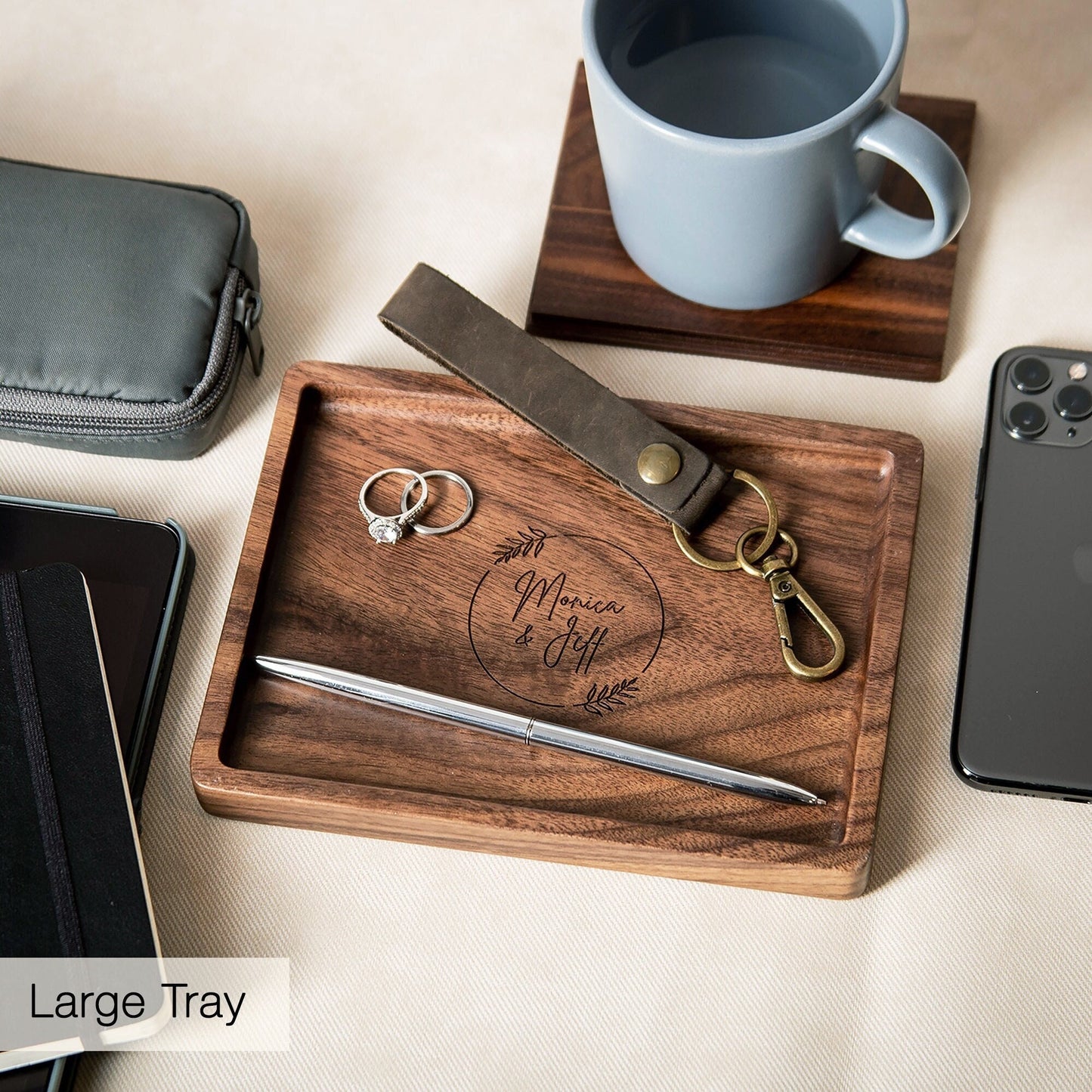 Rectangle Wood Tray - Engraved Key Ring Dish, Birthday Anniversary Gift for Wife Husband, Gift for Dad Grandpa Parents Family, Teacher Gift