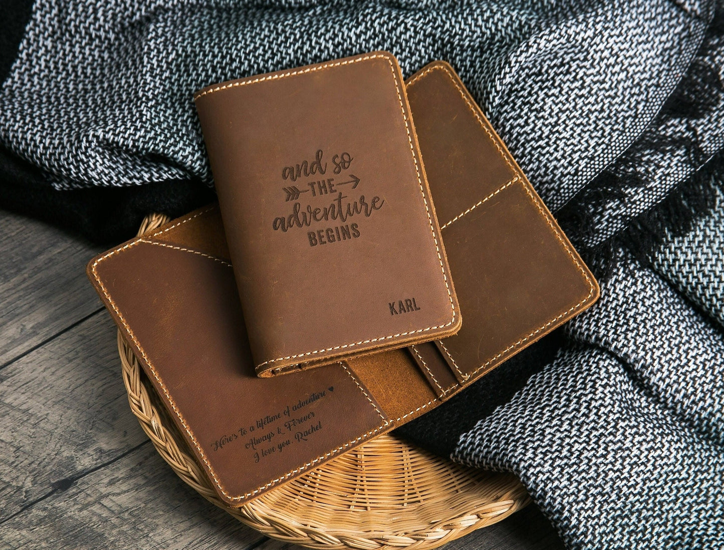 Engraved Passport Holder - Leather Travel Wallet, 3rd Wedding Leather Anniversary Gift, Wedding Gift for Couple, Outdoor Travel Gift for Him